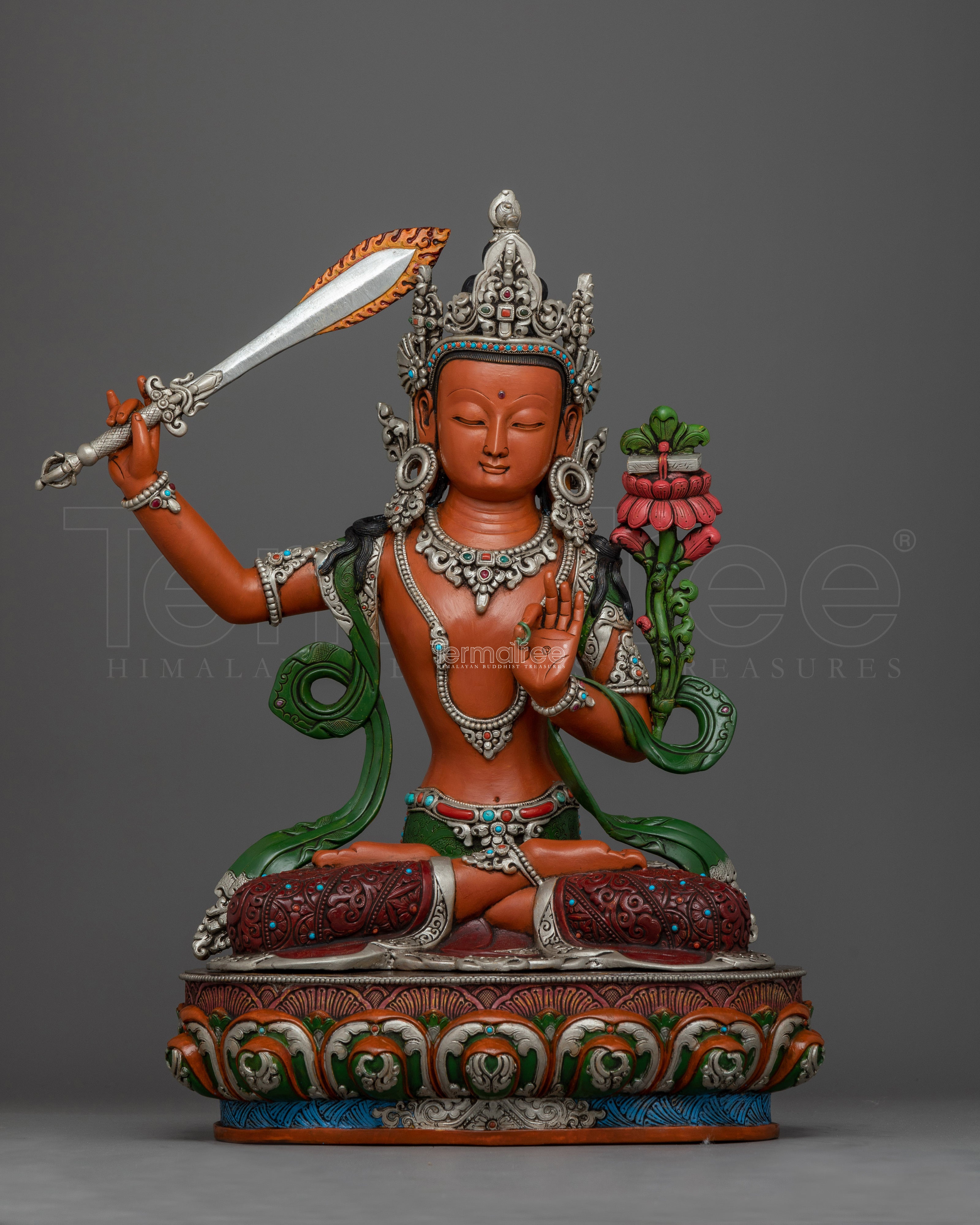 Hand-Carved Manjushri Prayer Tibetan Statue | Silver-Plated and Hand-Painted Sculpture