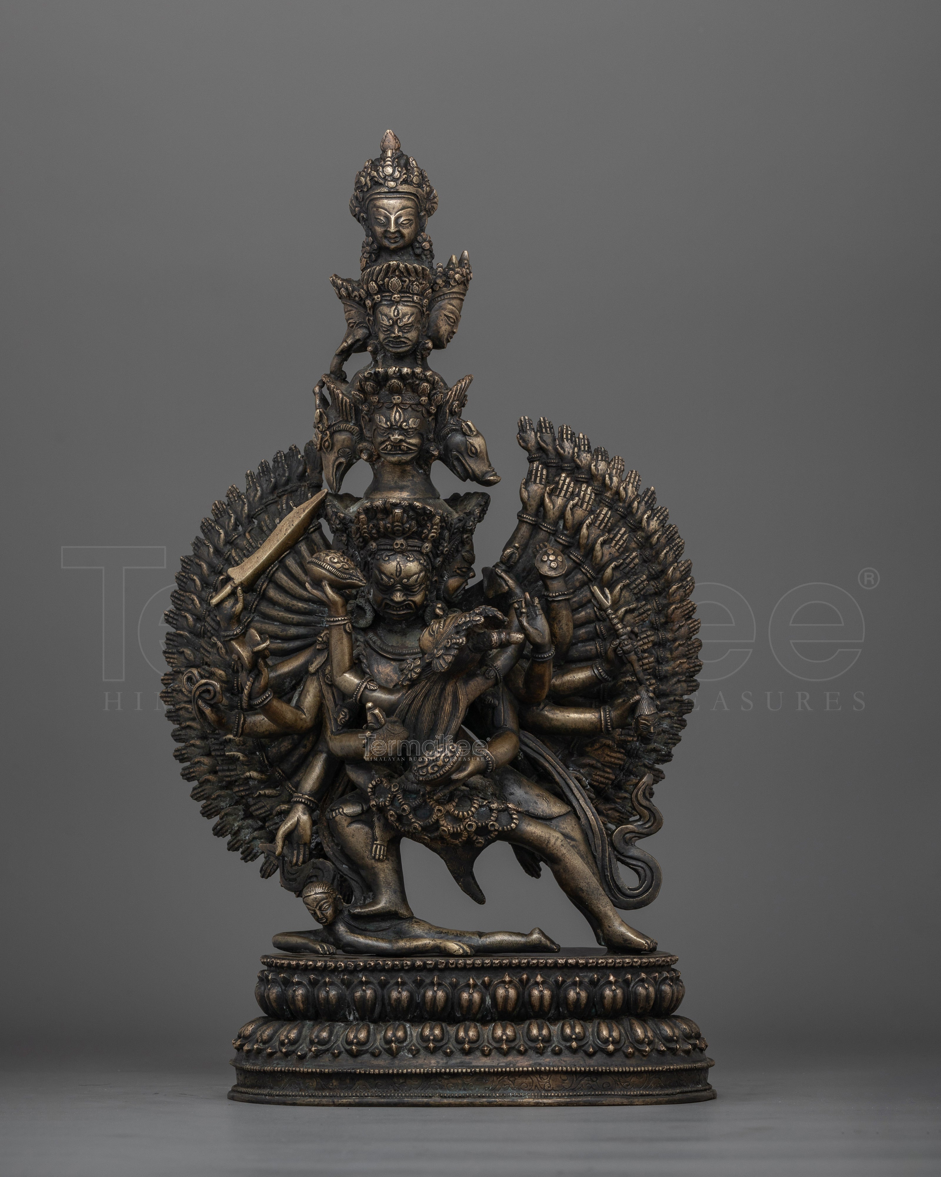 Hand-Carved Bhairab Shakti Statue | Antique Finished Oxidized Copper Sculpture