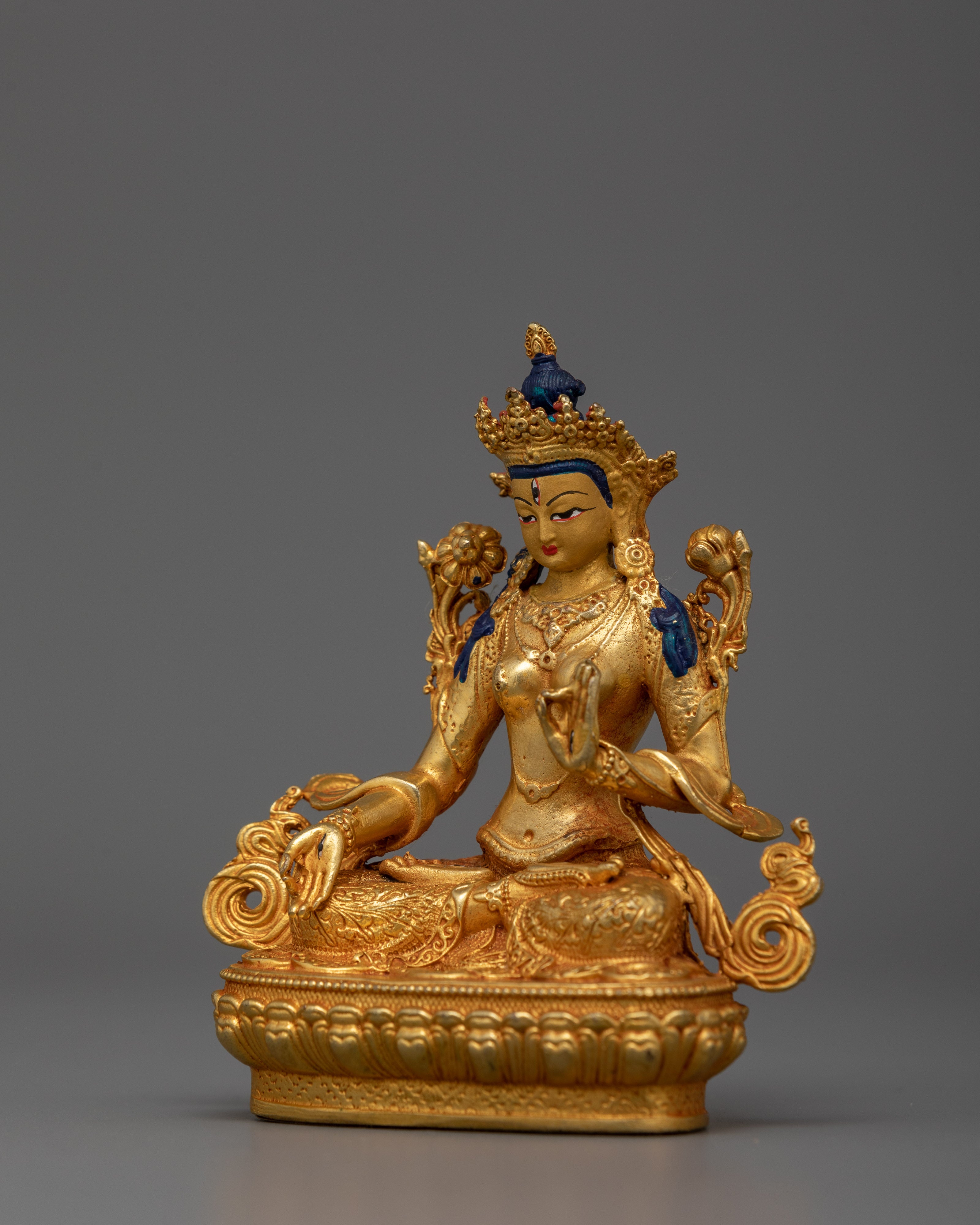 White Tara Dharma Statue | Miniature Gold Electroplated Tibetan Goddess Statue