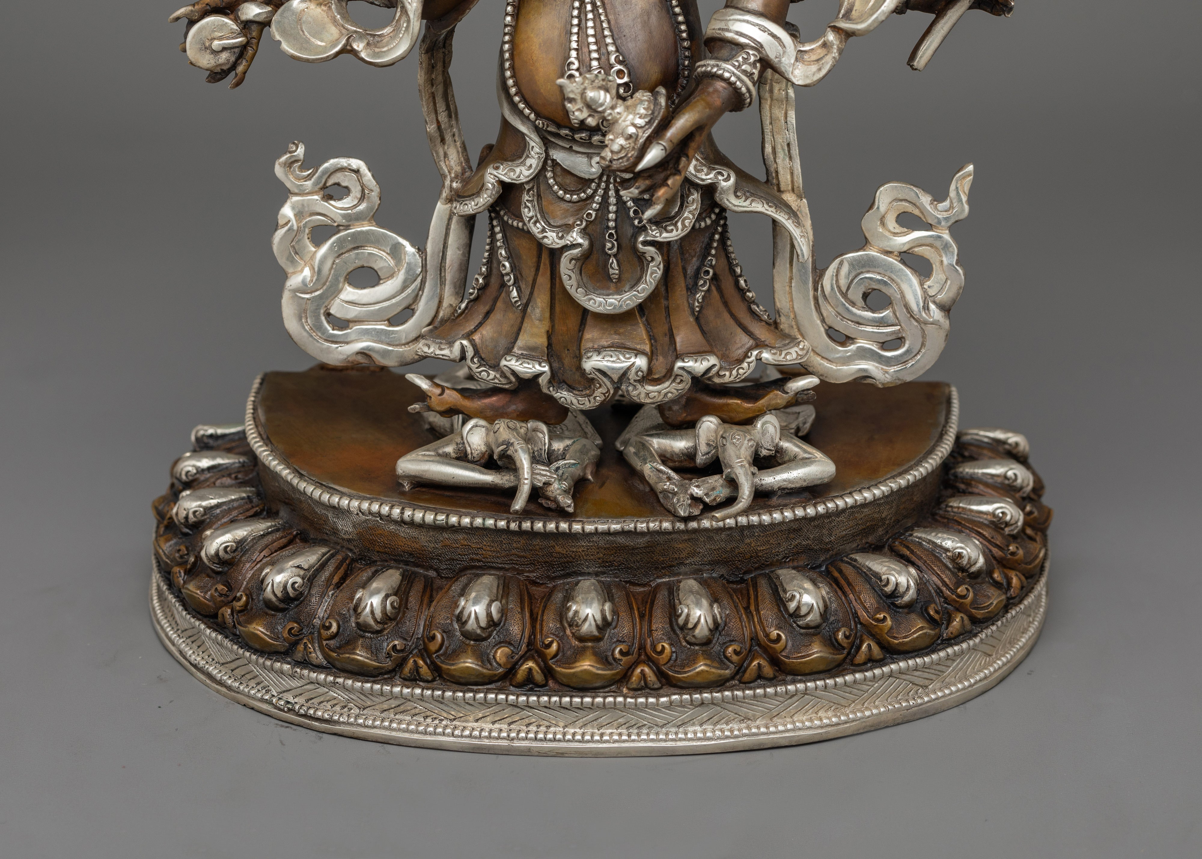 Hand-Carved Oxidized White Mahakala Statue | Silver-Plated Tibetan Sculpture