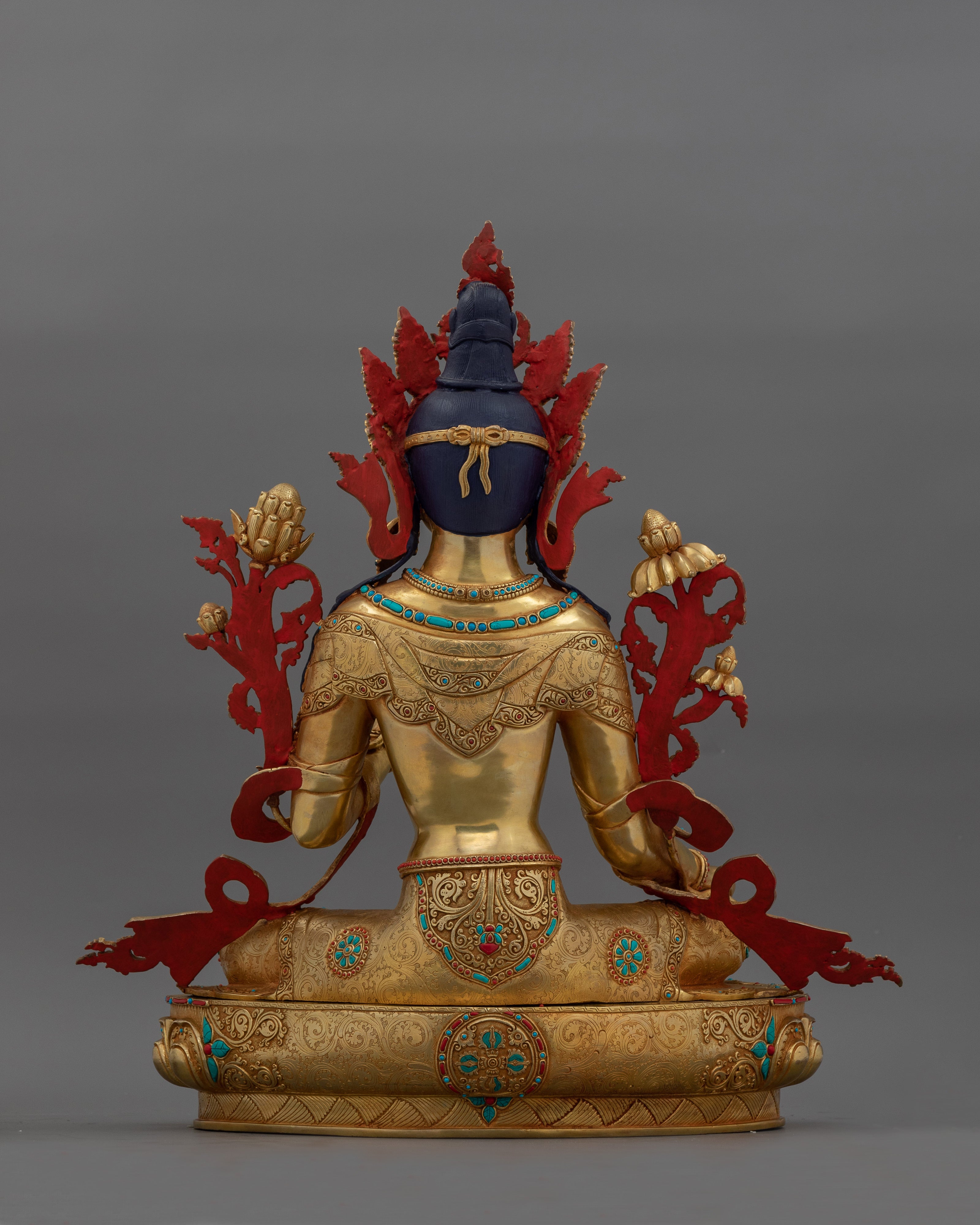 Hand-Carved Green Tara Tibetan Buddha Statue | 24K Gold Gilded Sculpture