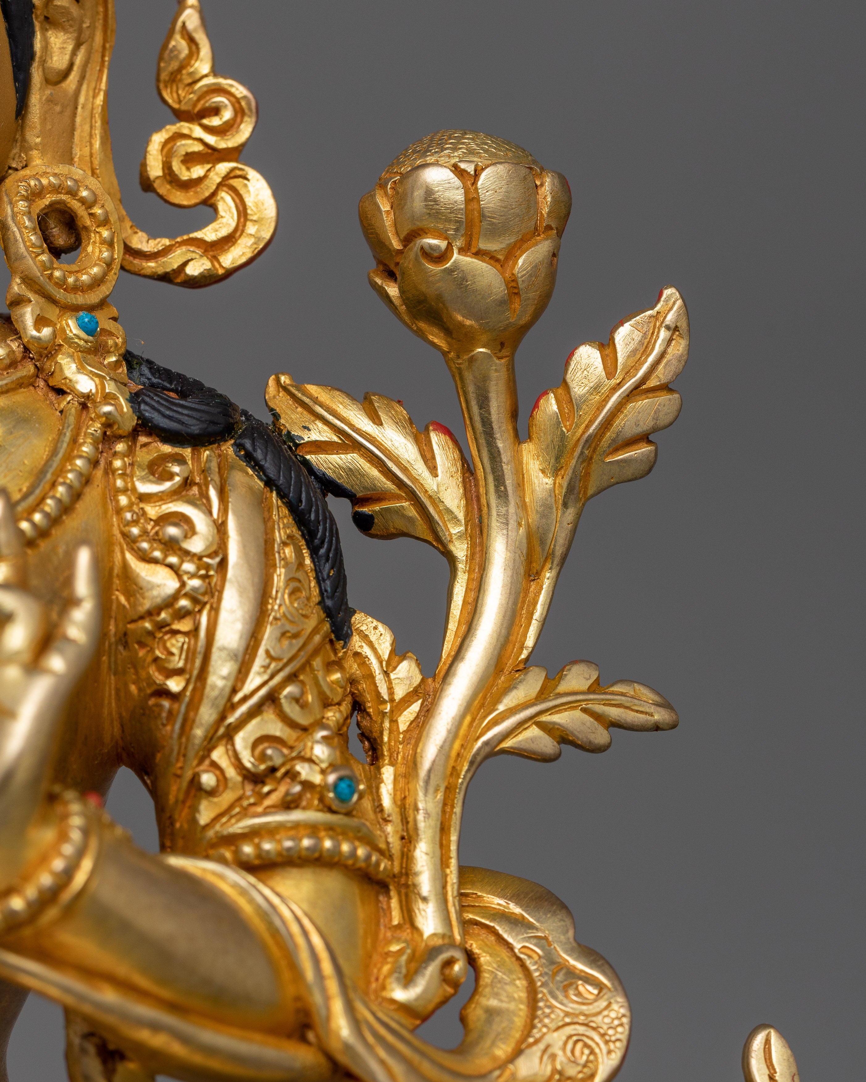 Hand-Carved Serene Nature Green Tara Statue | 24K Gold Gilded Tibetan Sculpture