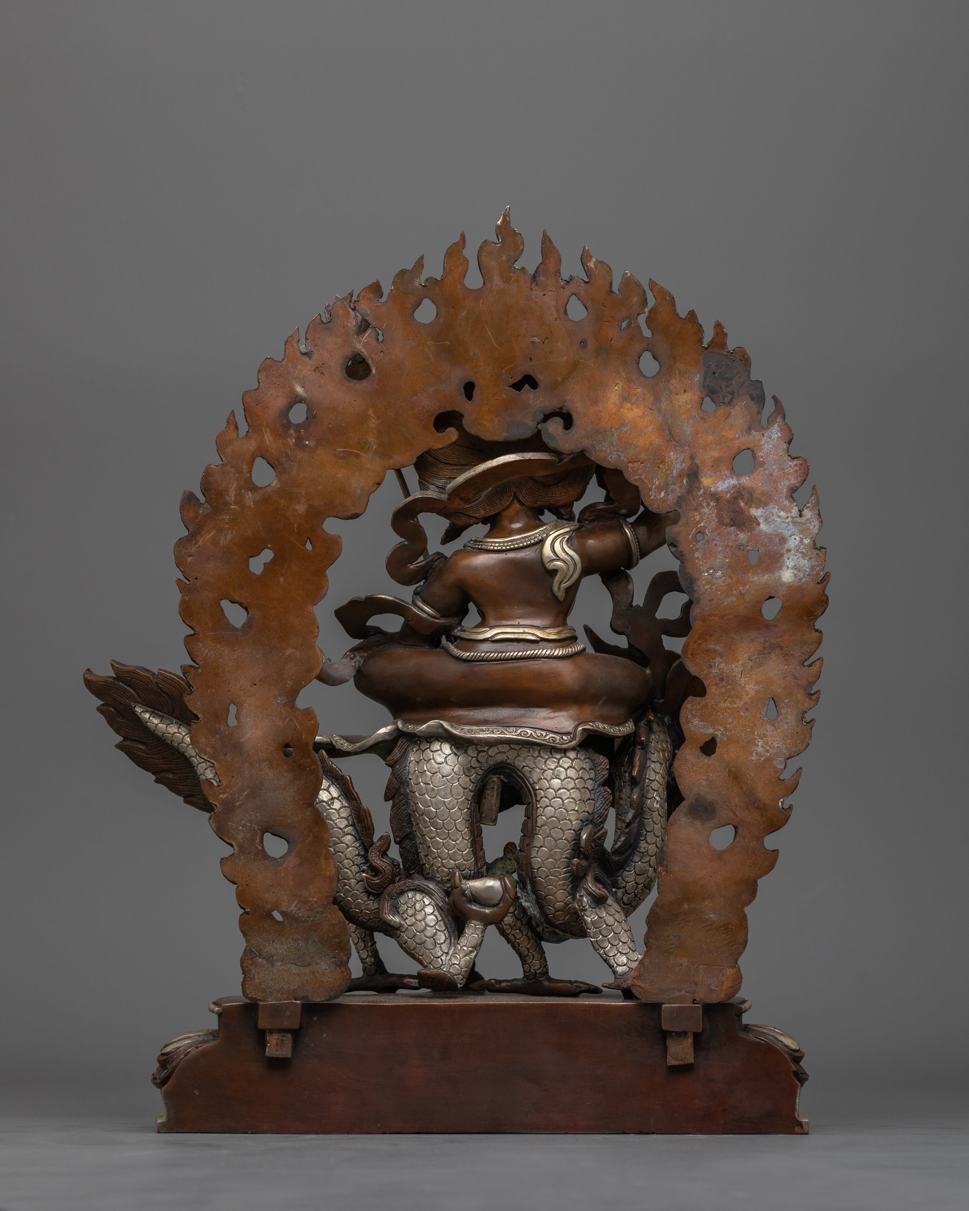 Hand-Carved White Dzambhala Seated on Dragon Statue | Prosperity Deity