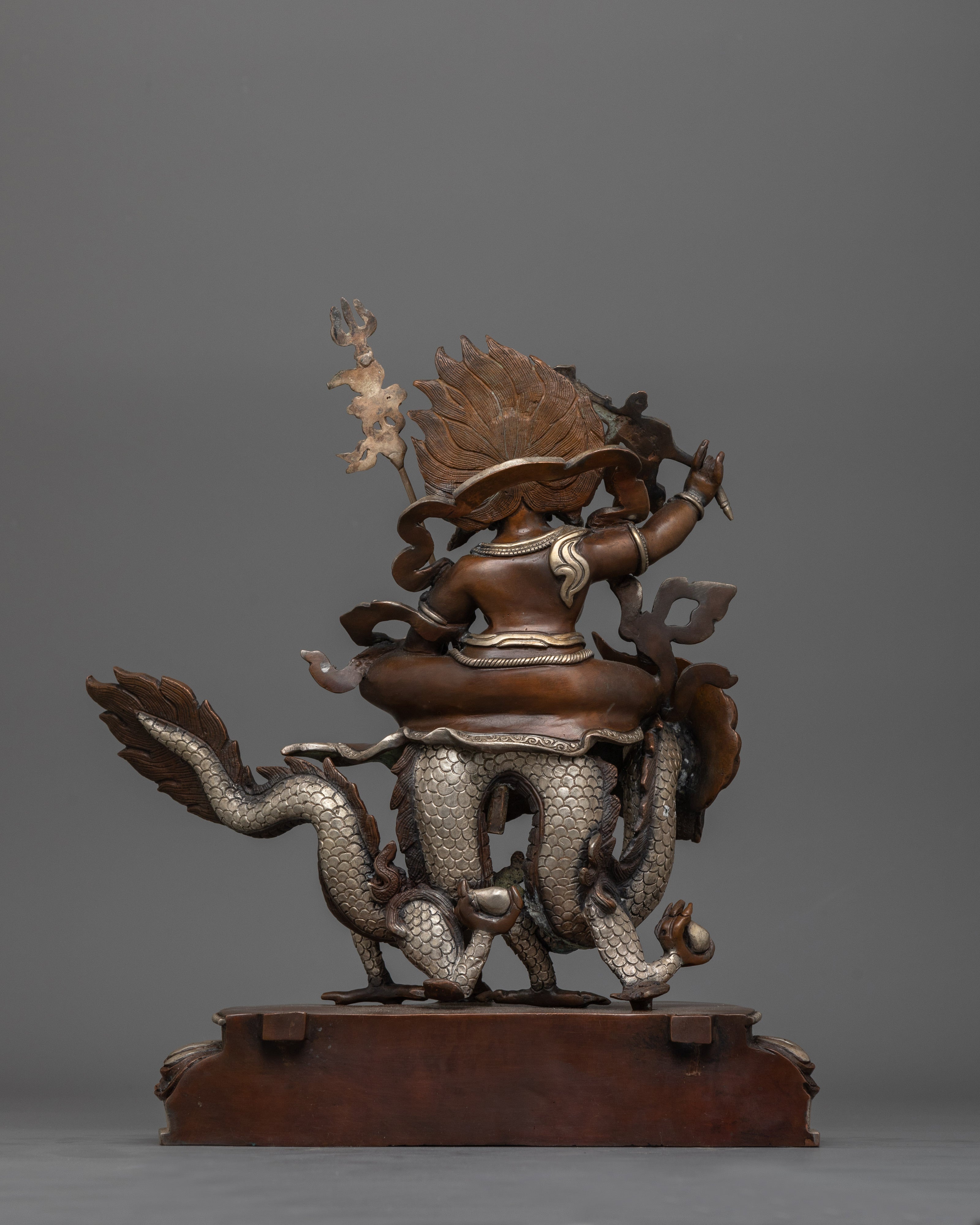 Hand-Carved White Dzambhala Seated on Dragon Statue | Prosperity Deity