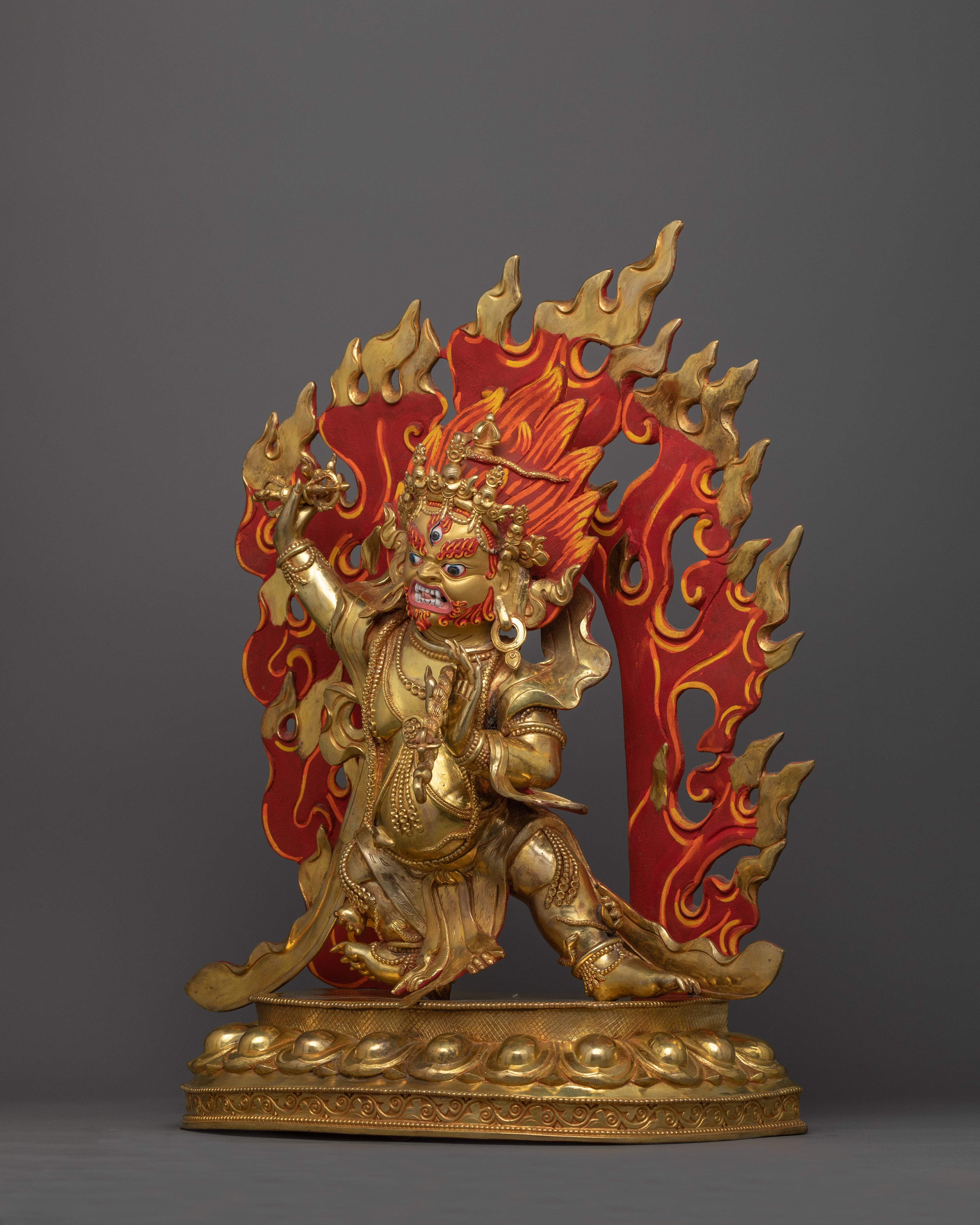 Hand-Carved Fierce Protector Vajrapani Statue | 24K Gold Gilded Tibetan Sculpture