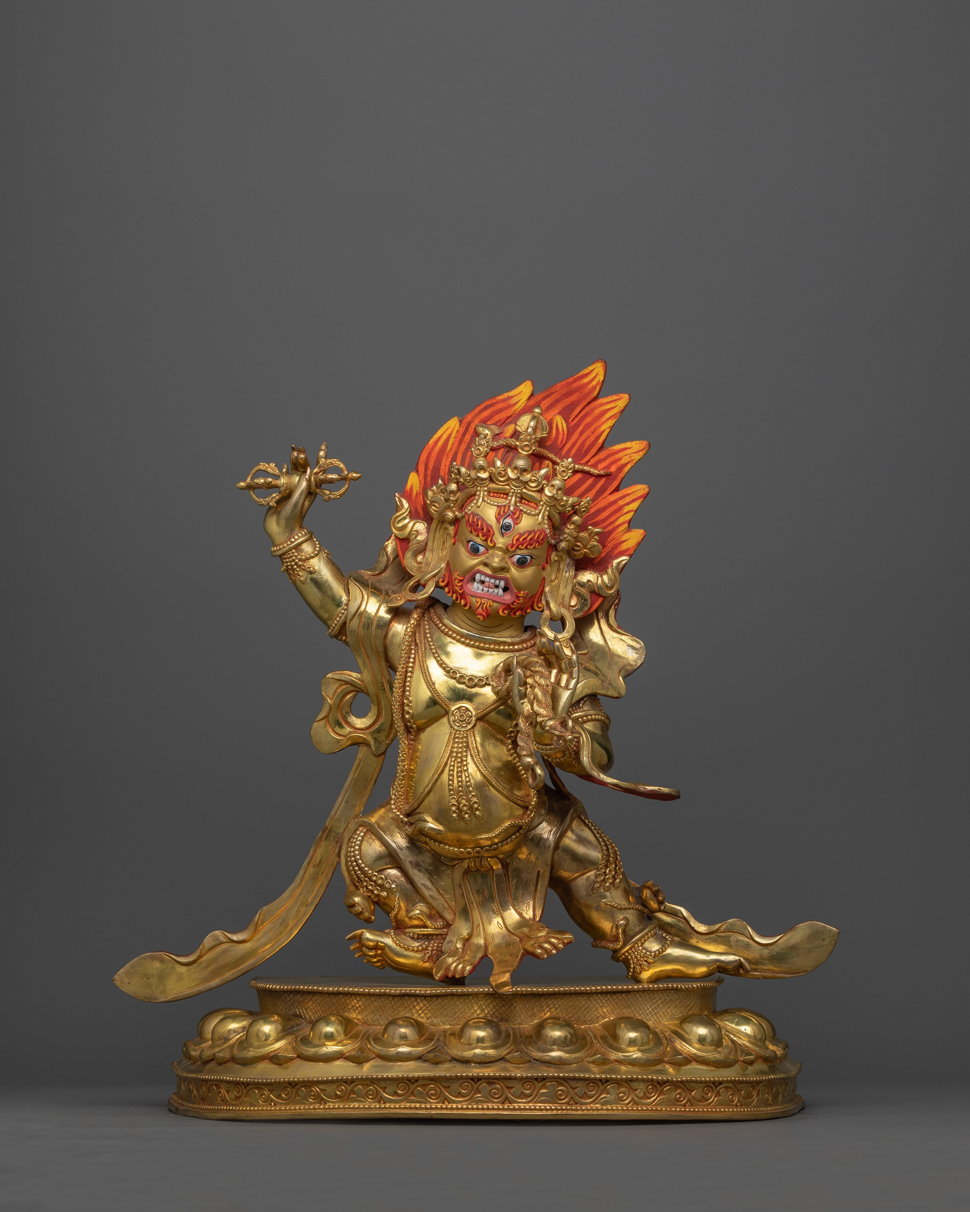 Hand-Carved Fierce Protector Vajrapani Statue | 24K Gold Gilded Tibetan Sculpture
