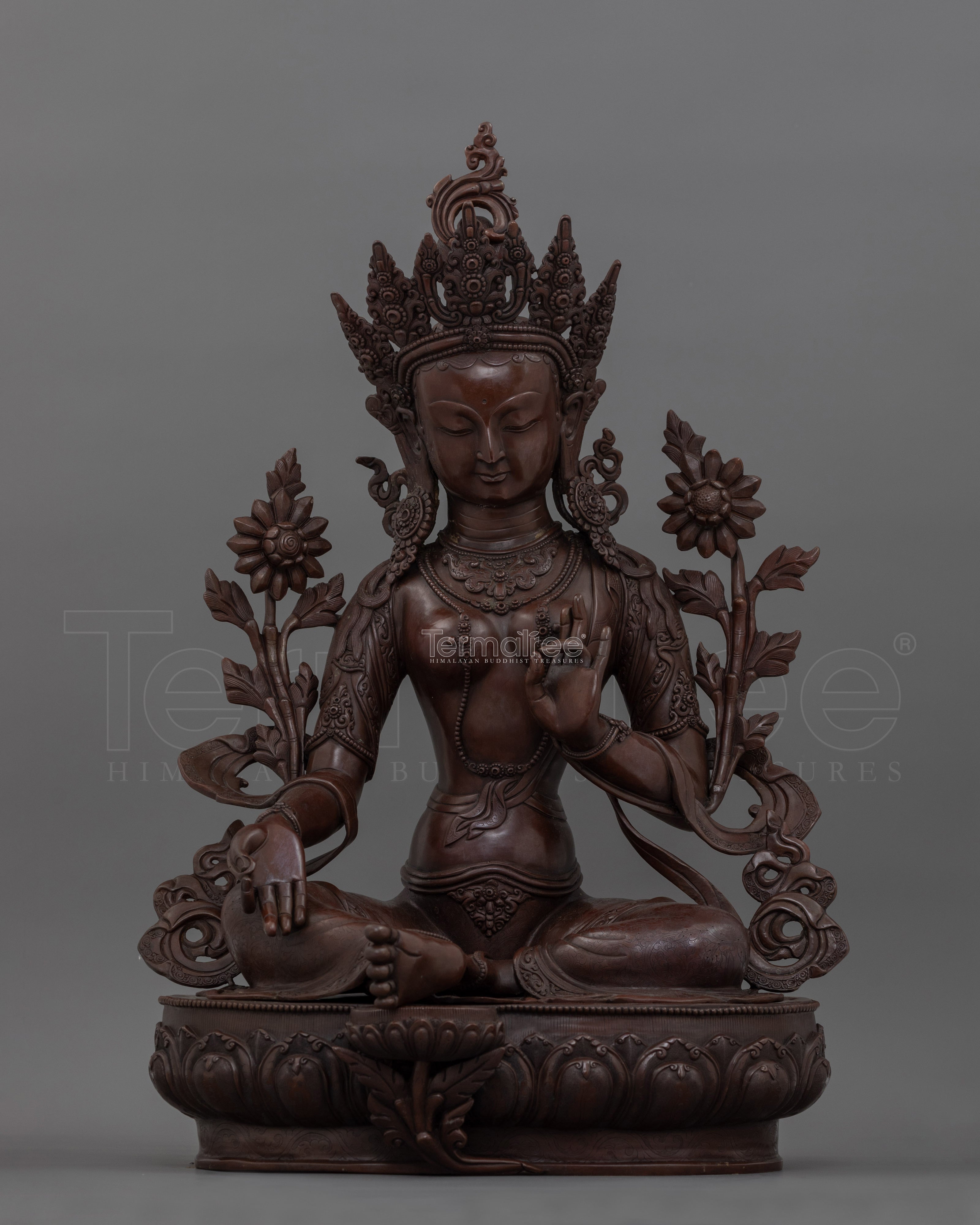 Goddess Female Green Tara Bodhisattva Statue | Oxidized Copper Tibetan Sculpture