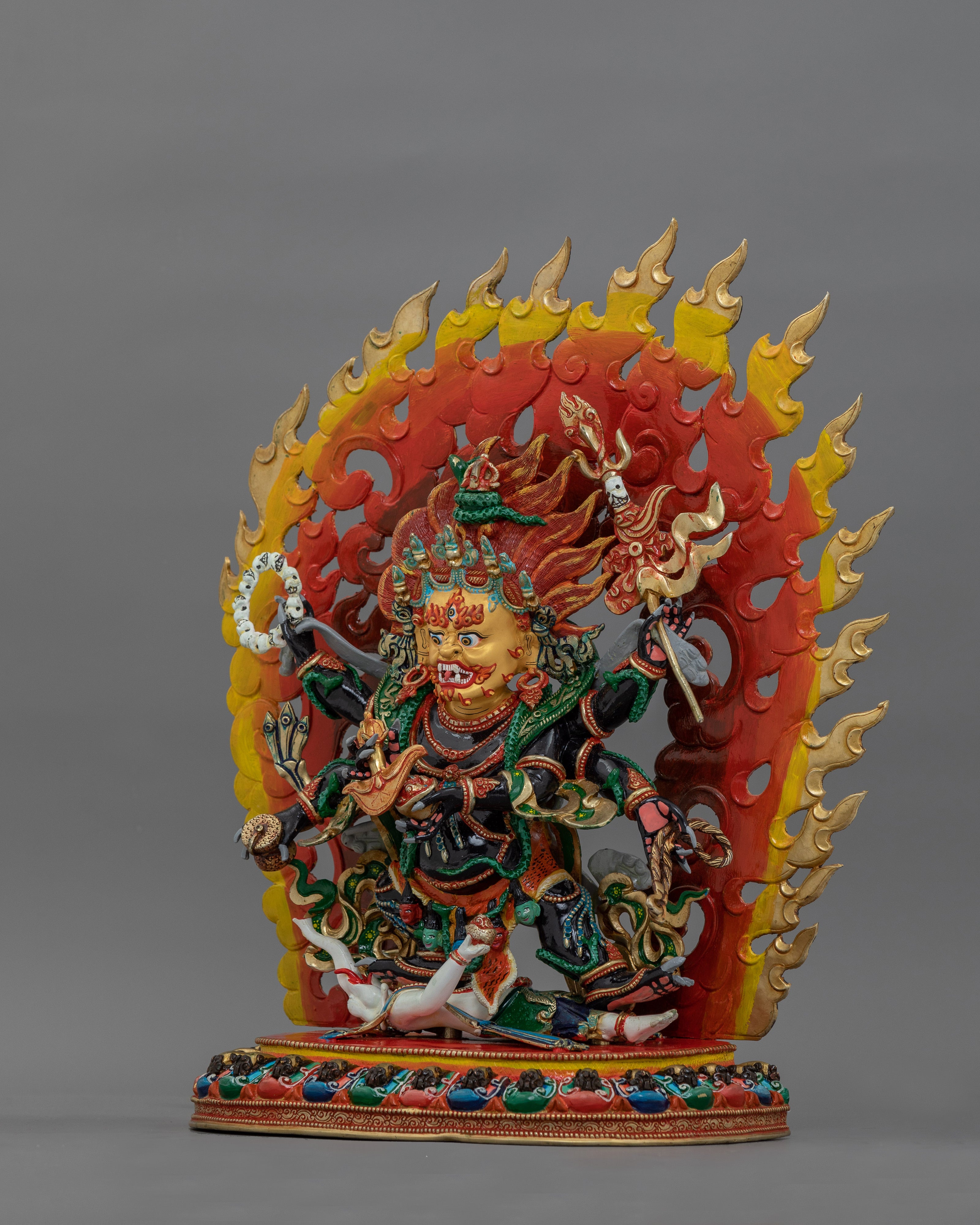 Traditionally Carved Six-Armed Mahakala Figure | Wrathful Protector Deity