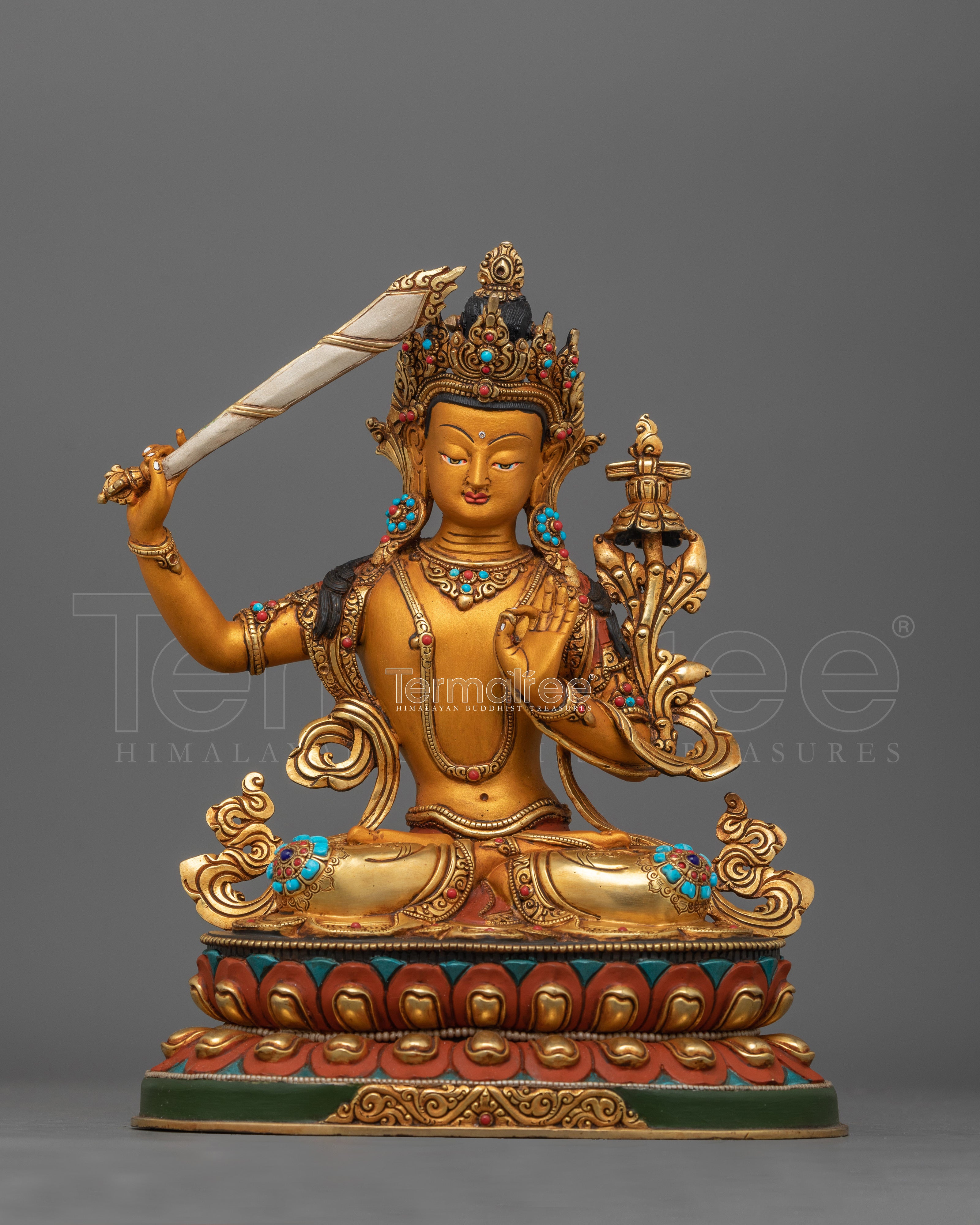 Wisdom Buddha Manjushri with Flaming Sword Statue | Bodhisattva Shrine Decor