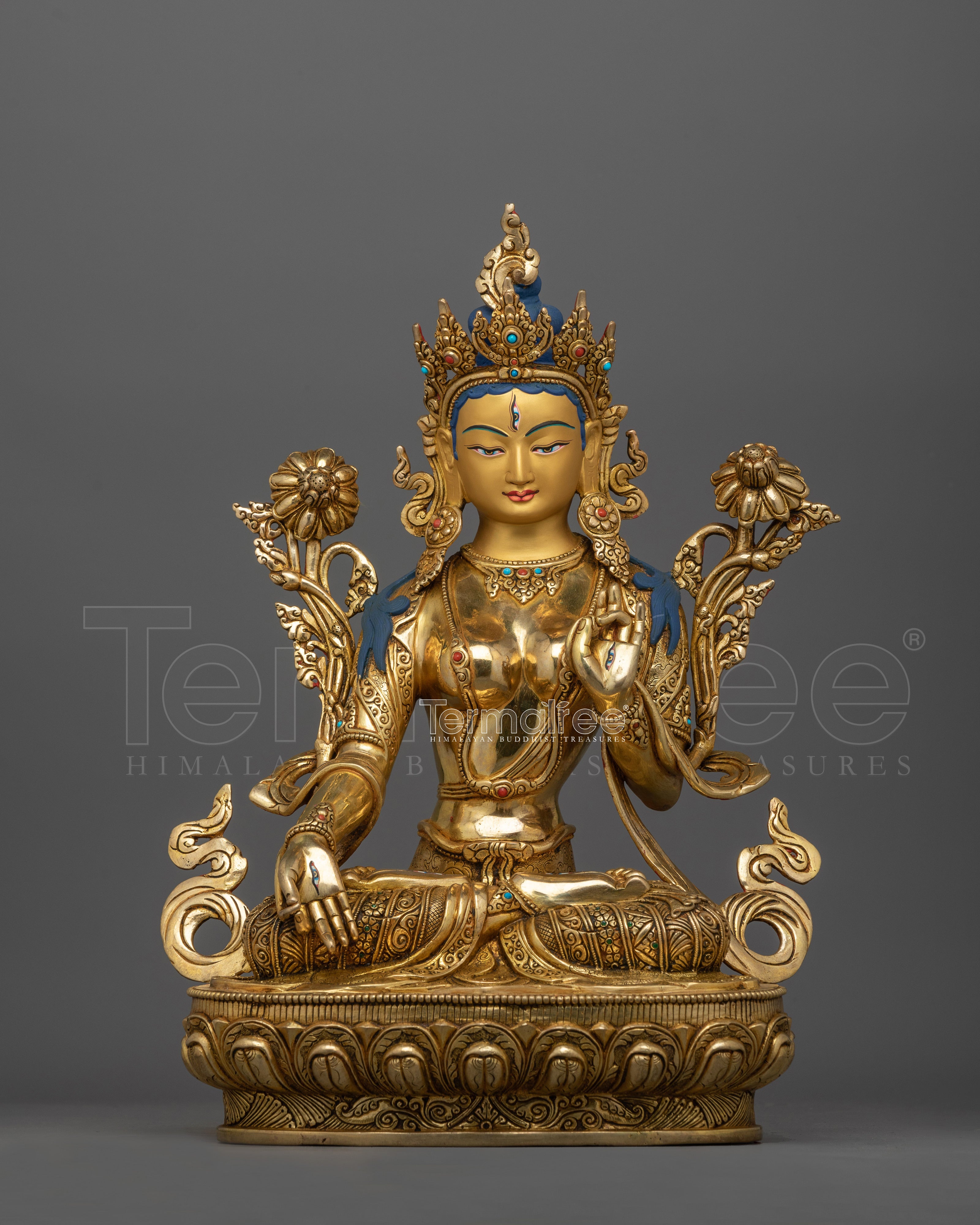 Seven Eyed White Tara Statue | 24K Gold Gilded Copper Sculpture of Sitatara