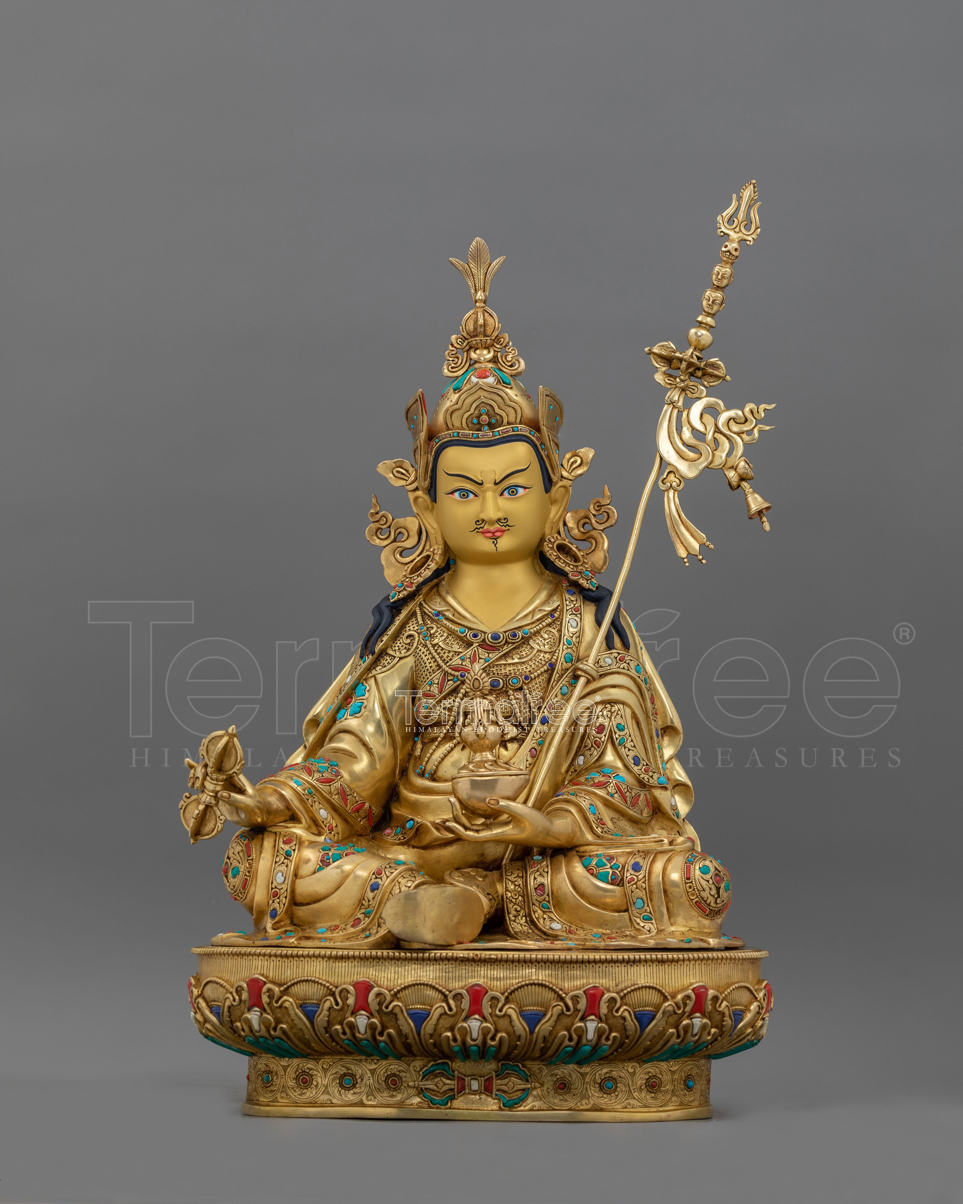 Guru Rinpoche Healing Gemstone Figure | 24K Gold Gilded with Hand-Carved Gemstones