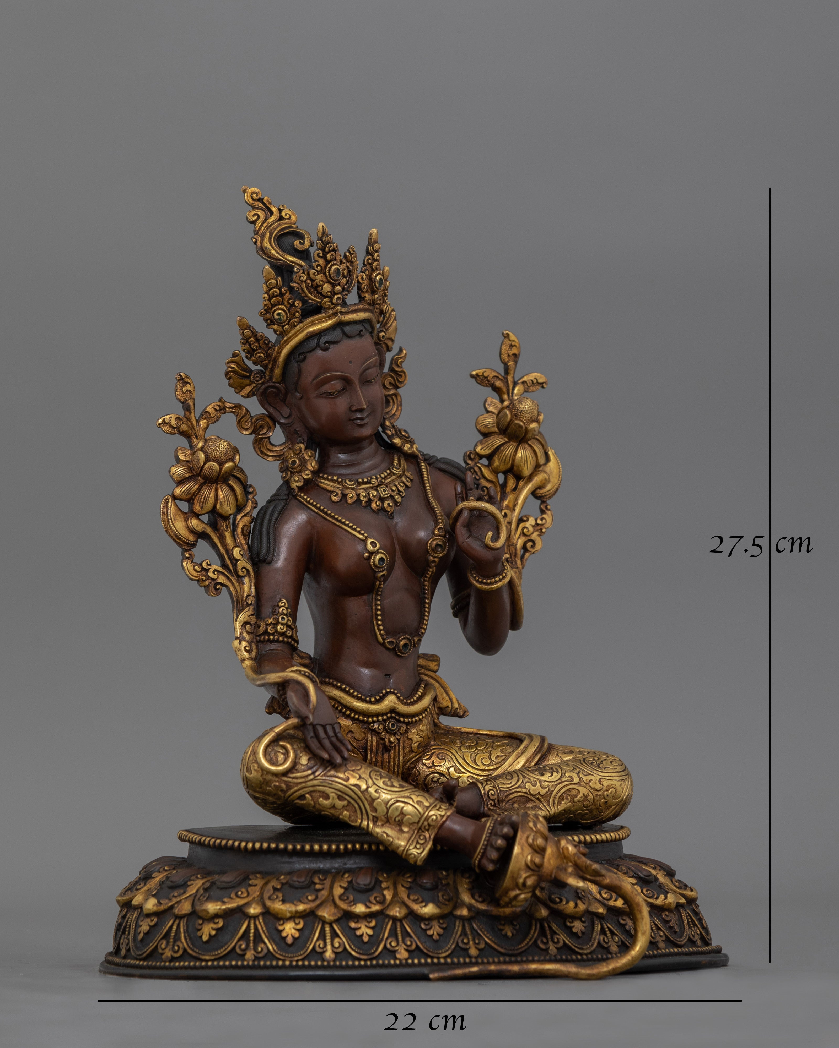Green Tara Deity Statue in Oxidized Copper