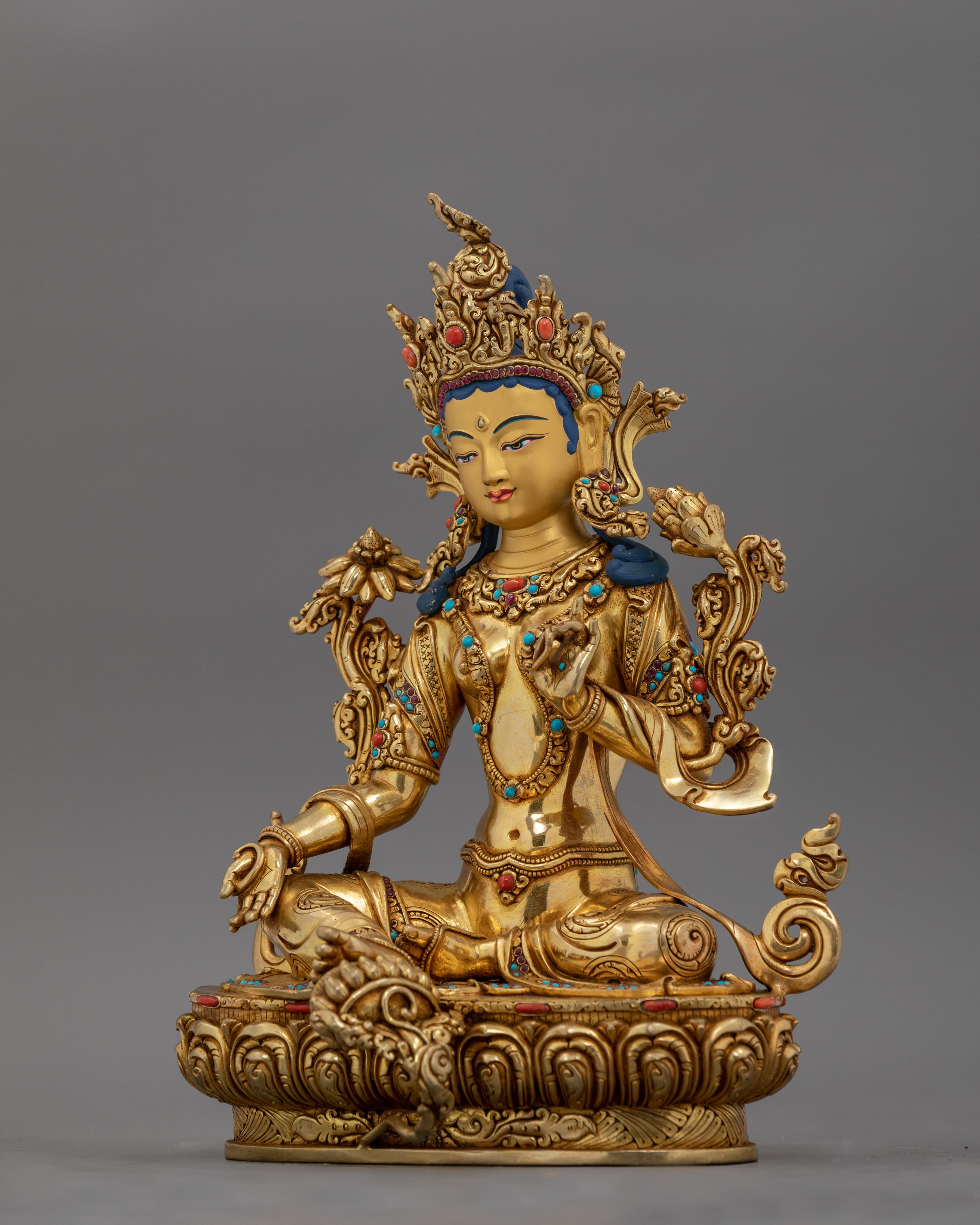 Traditional Hand-carved Green Tara Statue | Compact Spiritual Sculpture for Personal Altar