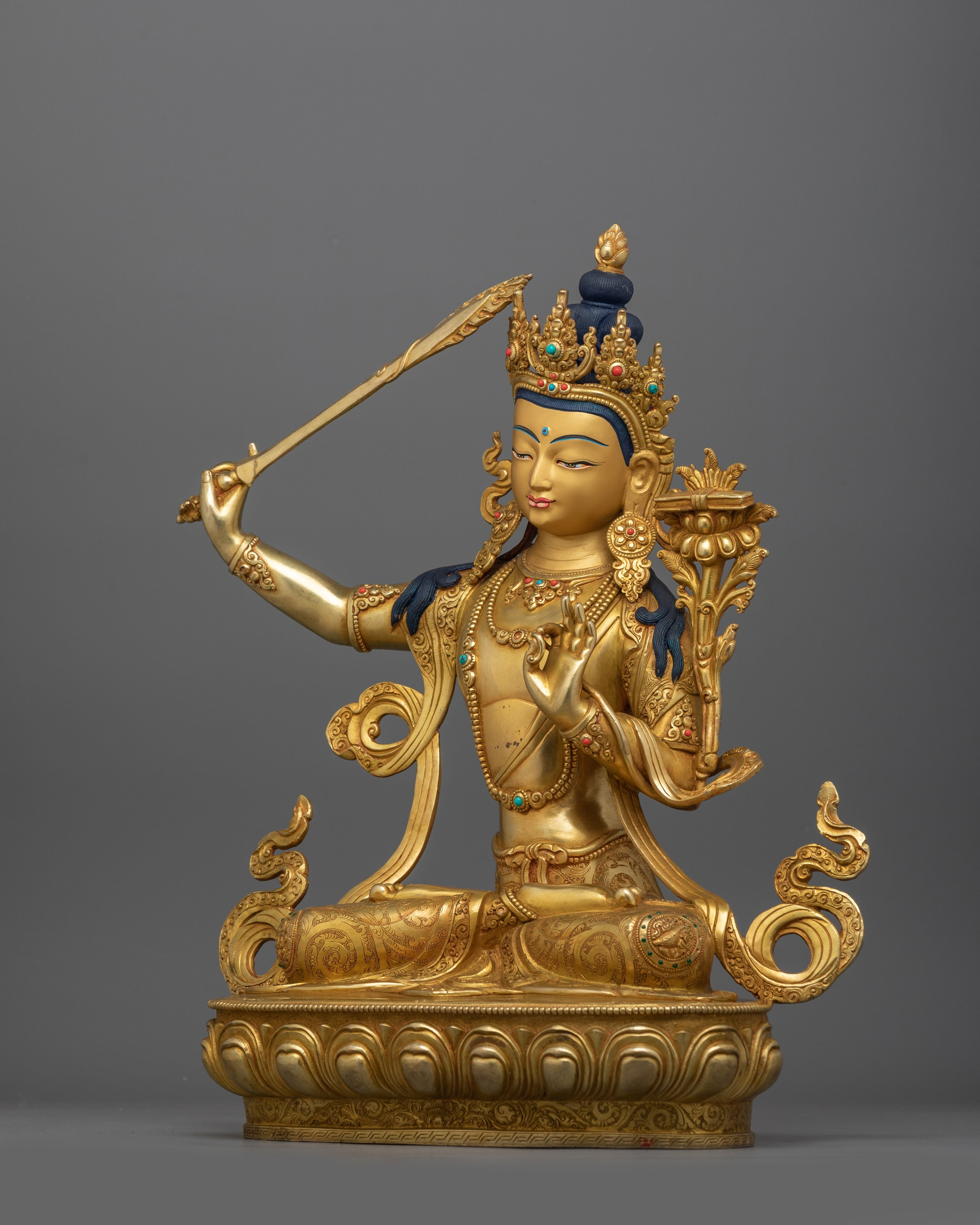 Manjushri Deity with Flaming Sword Statue | Handcrafted Buddhist Sculpture