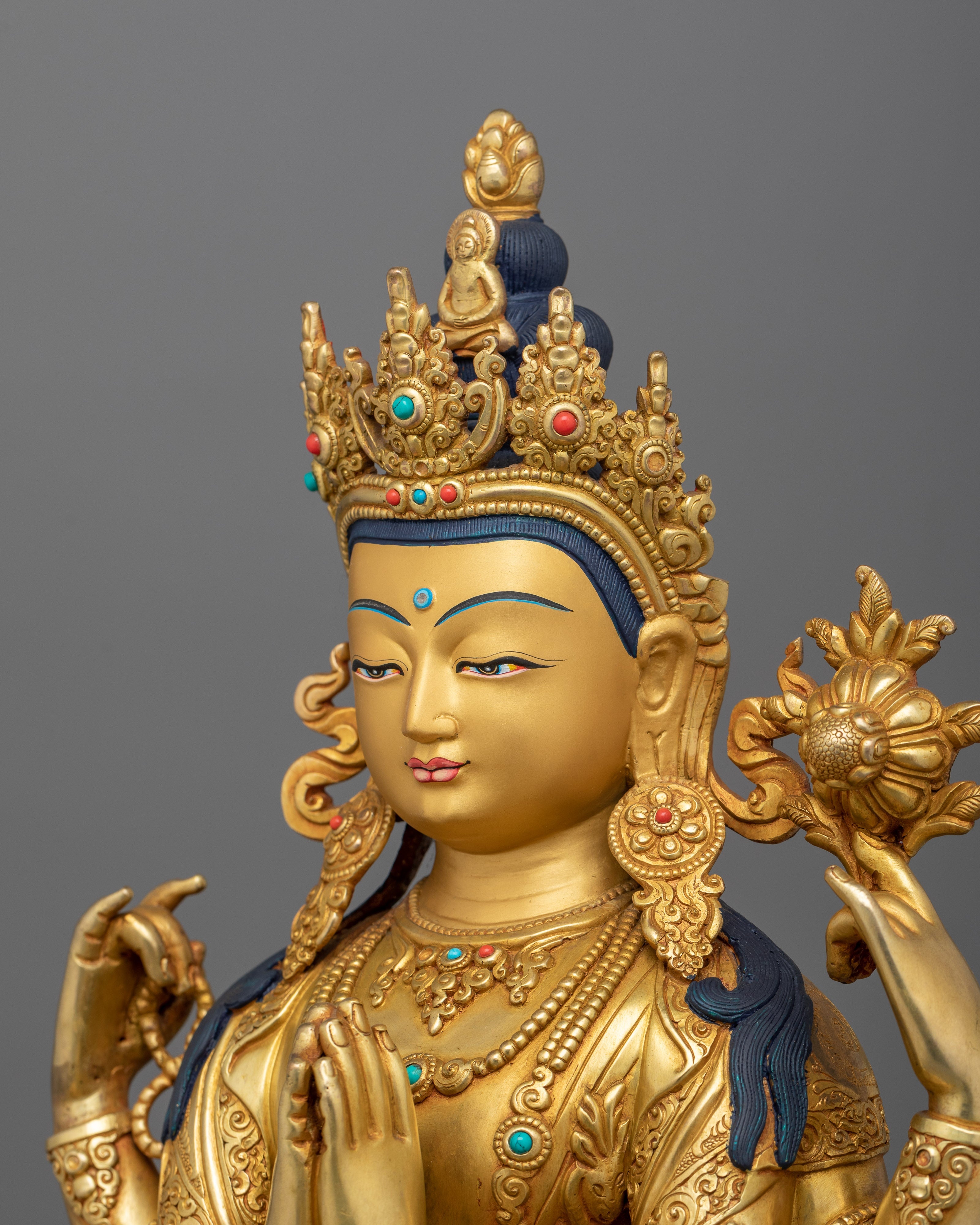 Handcrafted Four-Armed Chenresig Deity Figure | Tibetan Bodhisattva