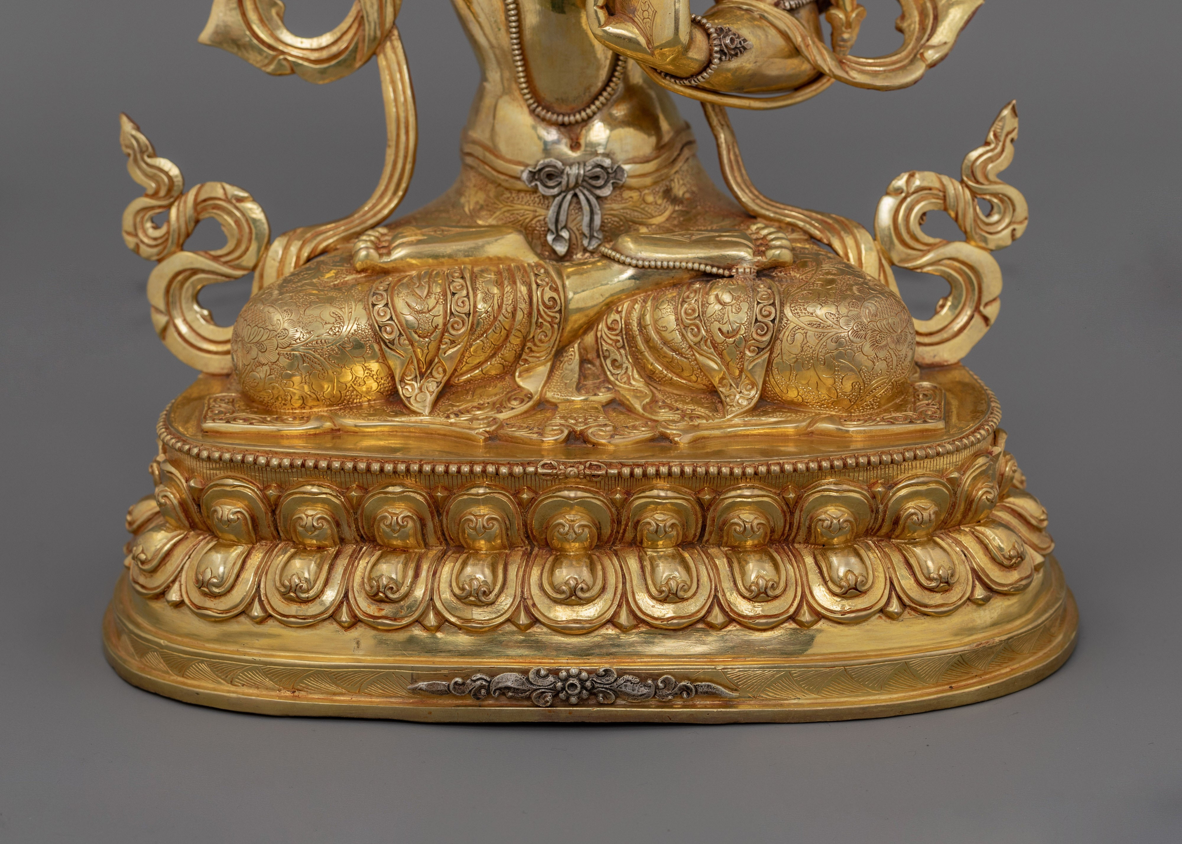 24K Gold Gilded Tibetan Kadampa Manjushri Statue | Wisdom Deity Sculpture