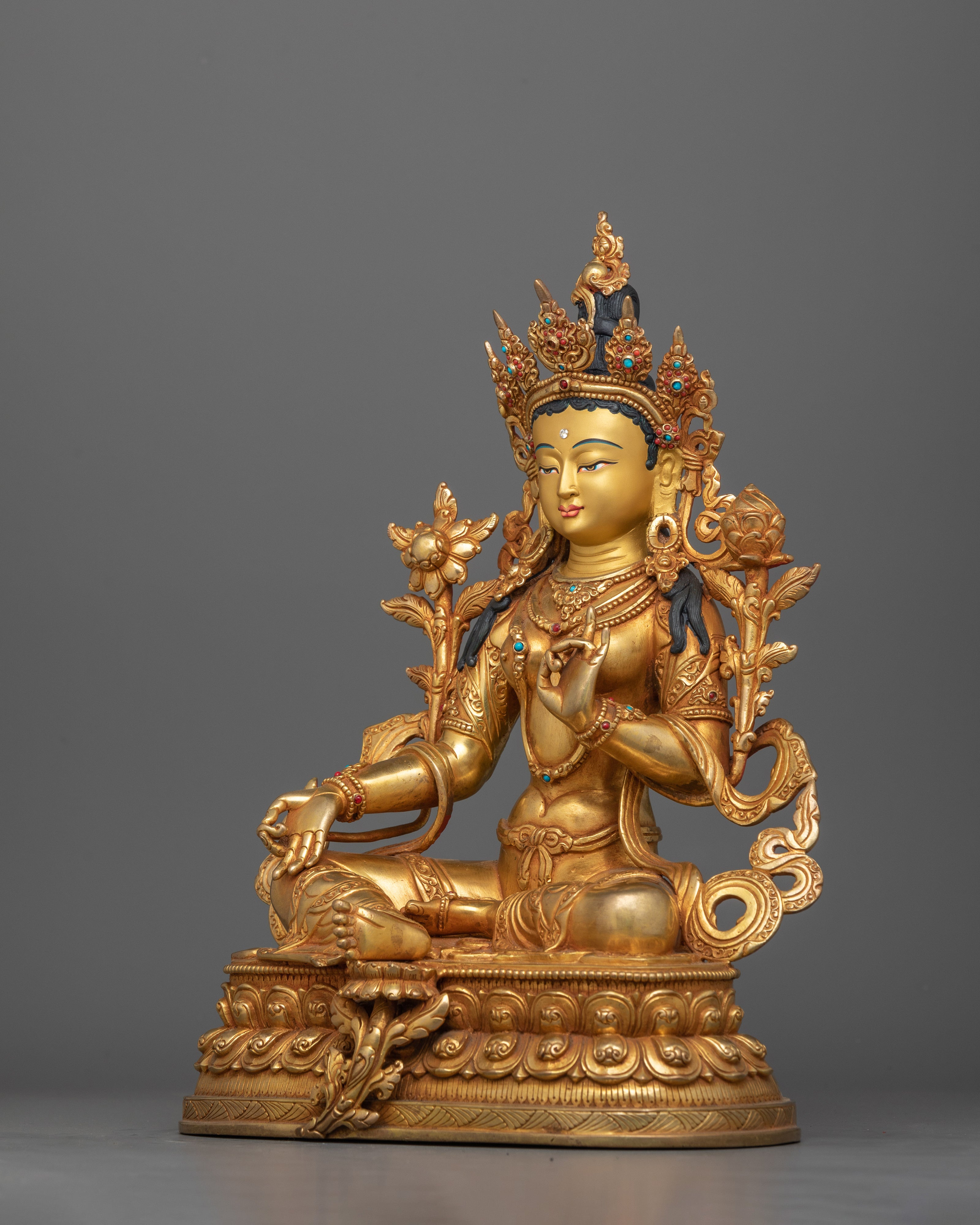 Traditionally Handcarved Green Tara Statue | Feminine Buddhist Protector