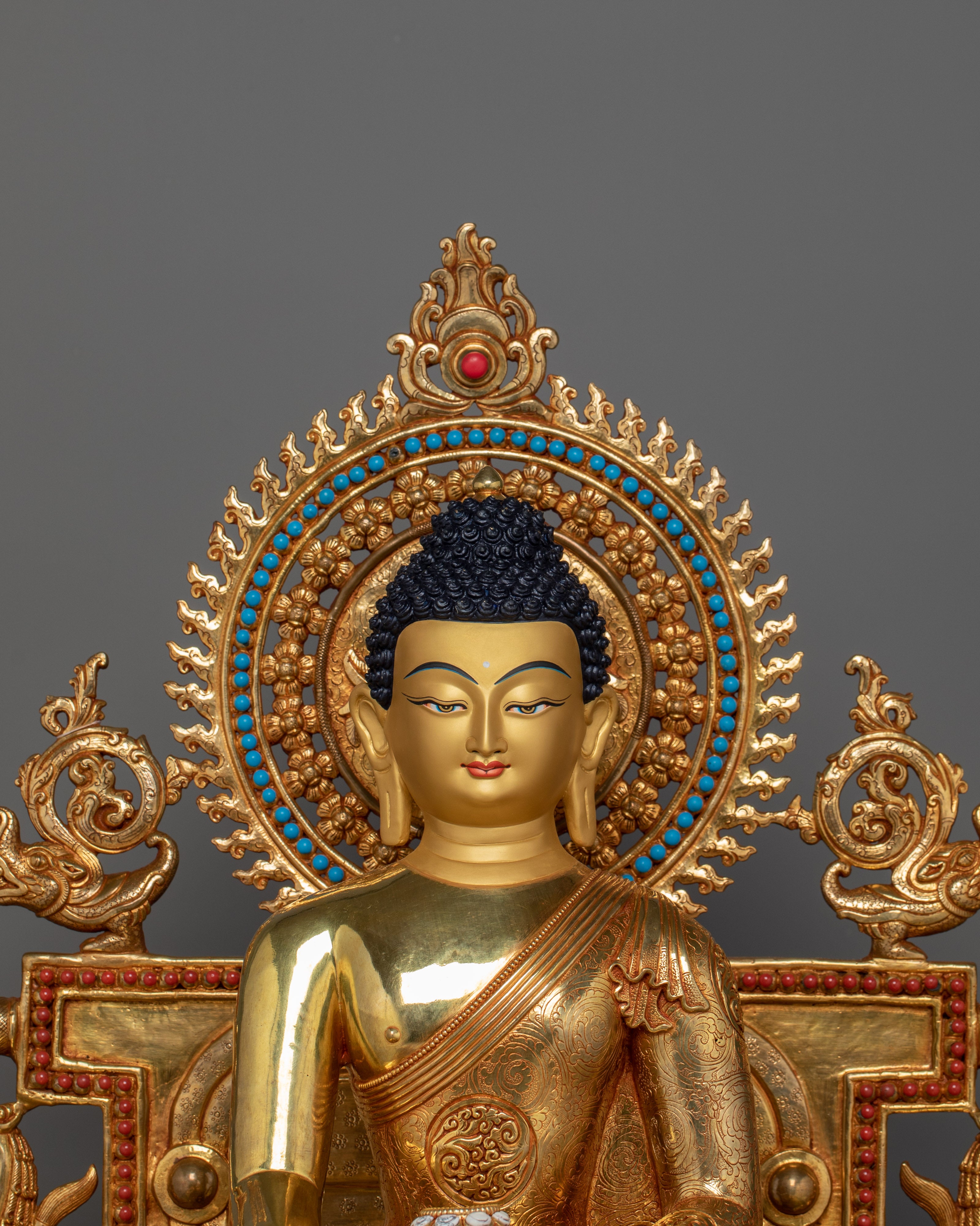 Flawlessly Carved Shakyamuni Buddha with throne Statue | Enlightened Dharma Buddha