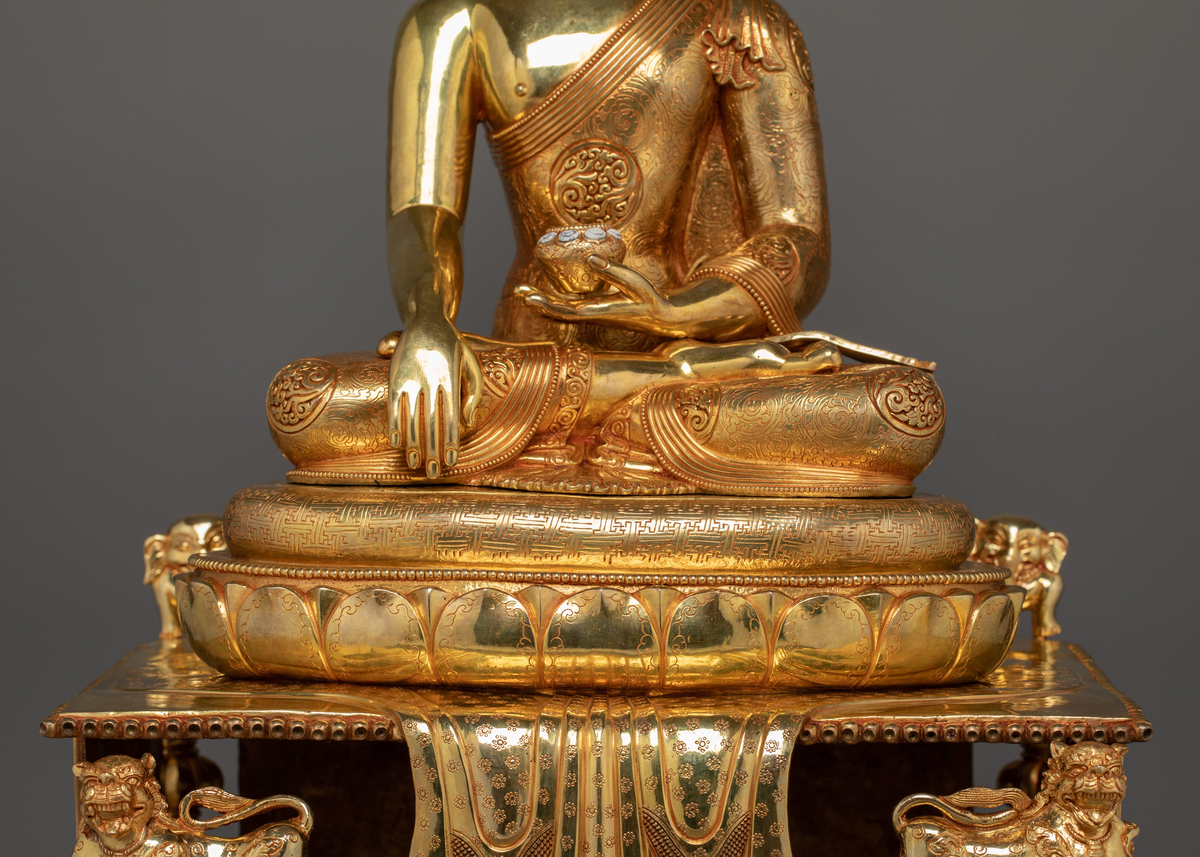 Flawlessly Carved Shakyamuni Buddha with throne Statue | Enlightened Dharma Buddha
