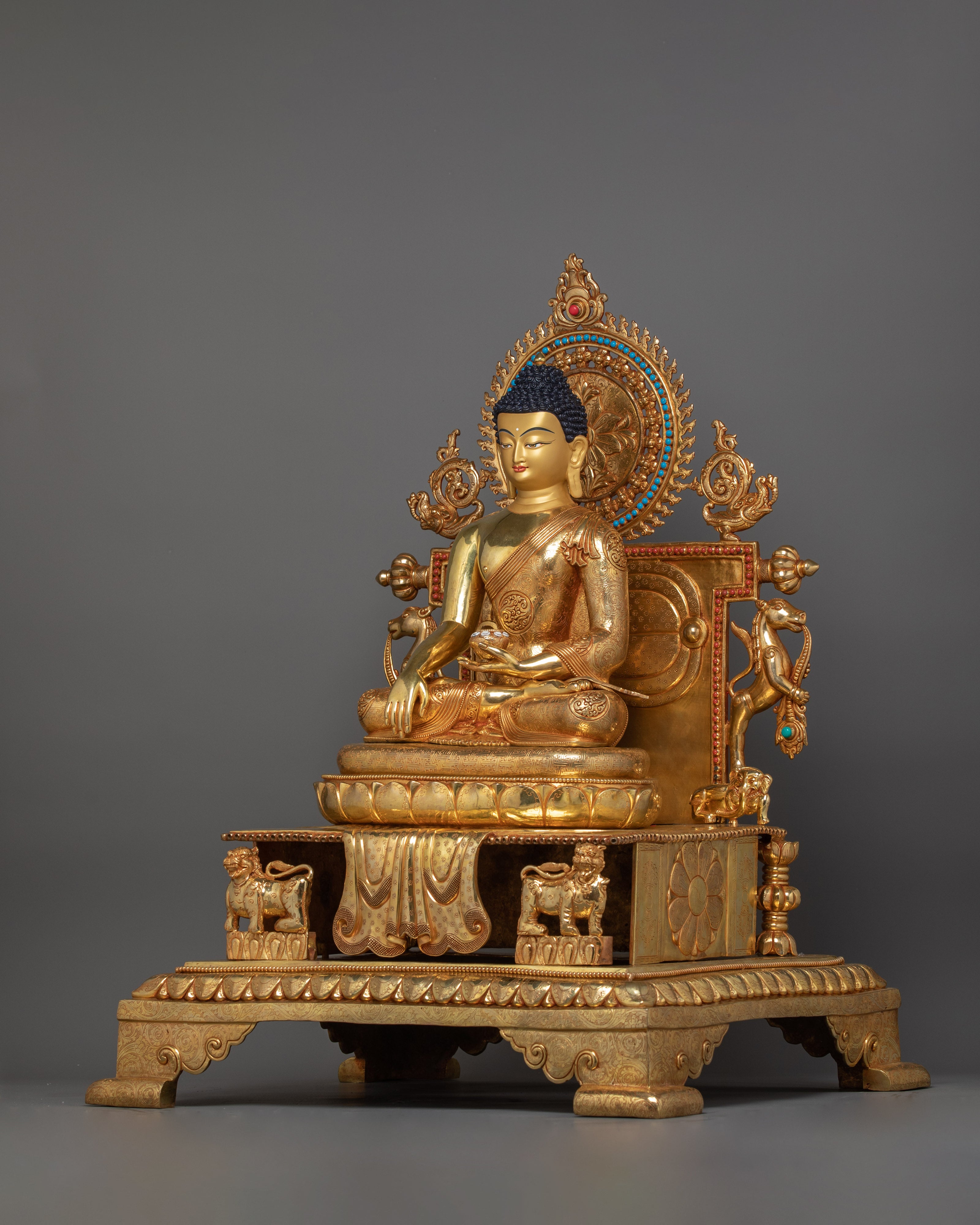 Flawlessly Carved Shakyamuni Buddha with throne Statue | Enlightened Dharma Buddha