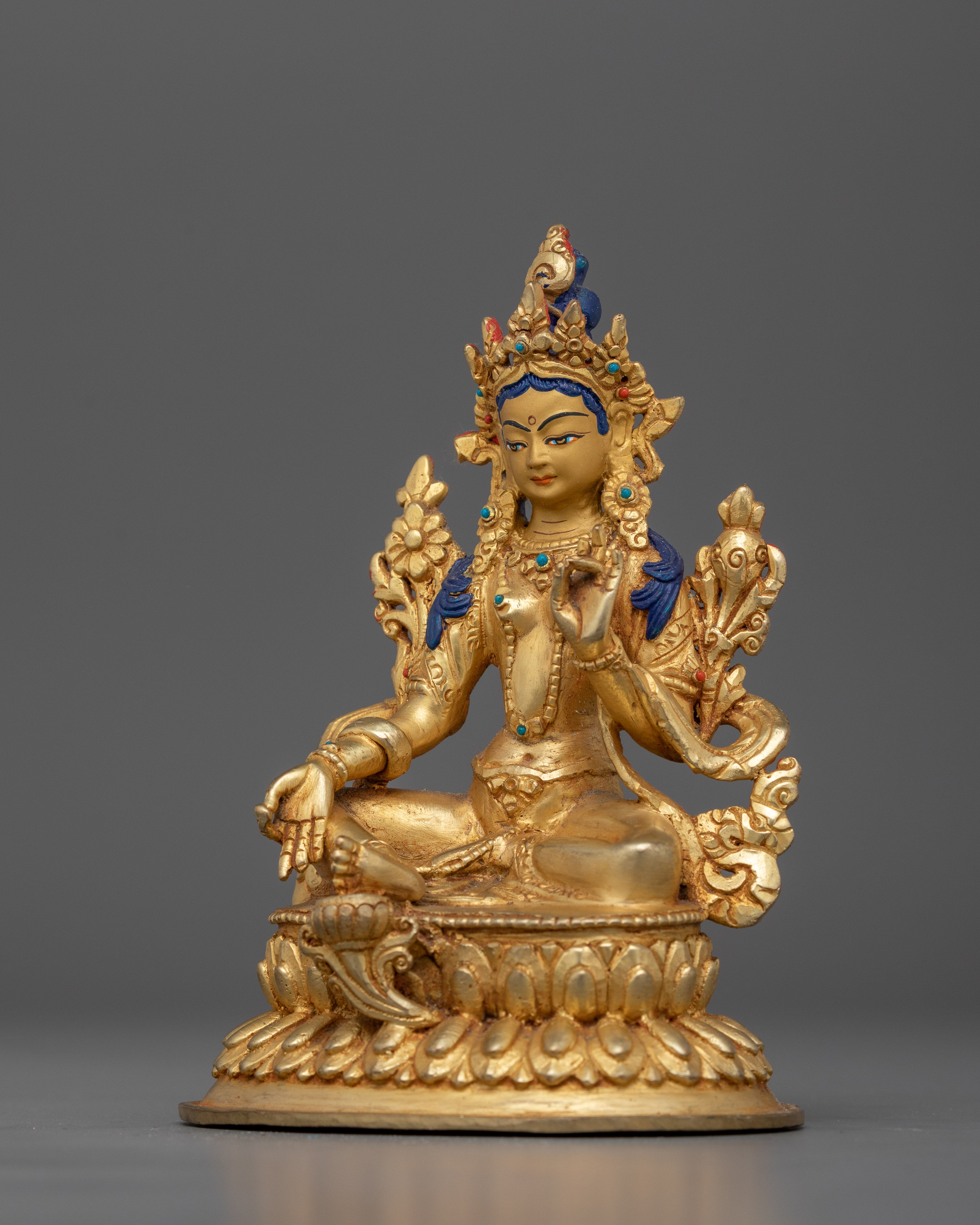 Green Tara Handcarved Statue | 24K Gold-Gilded Copper Artwork