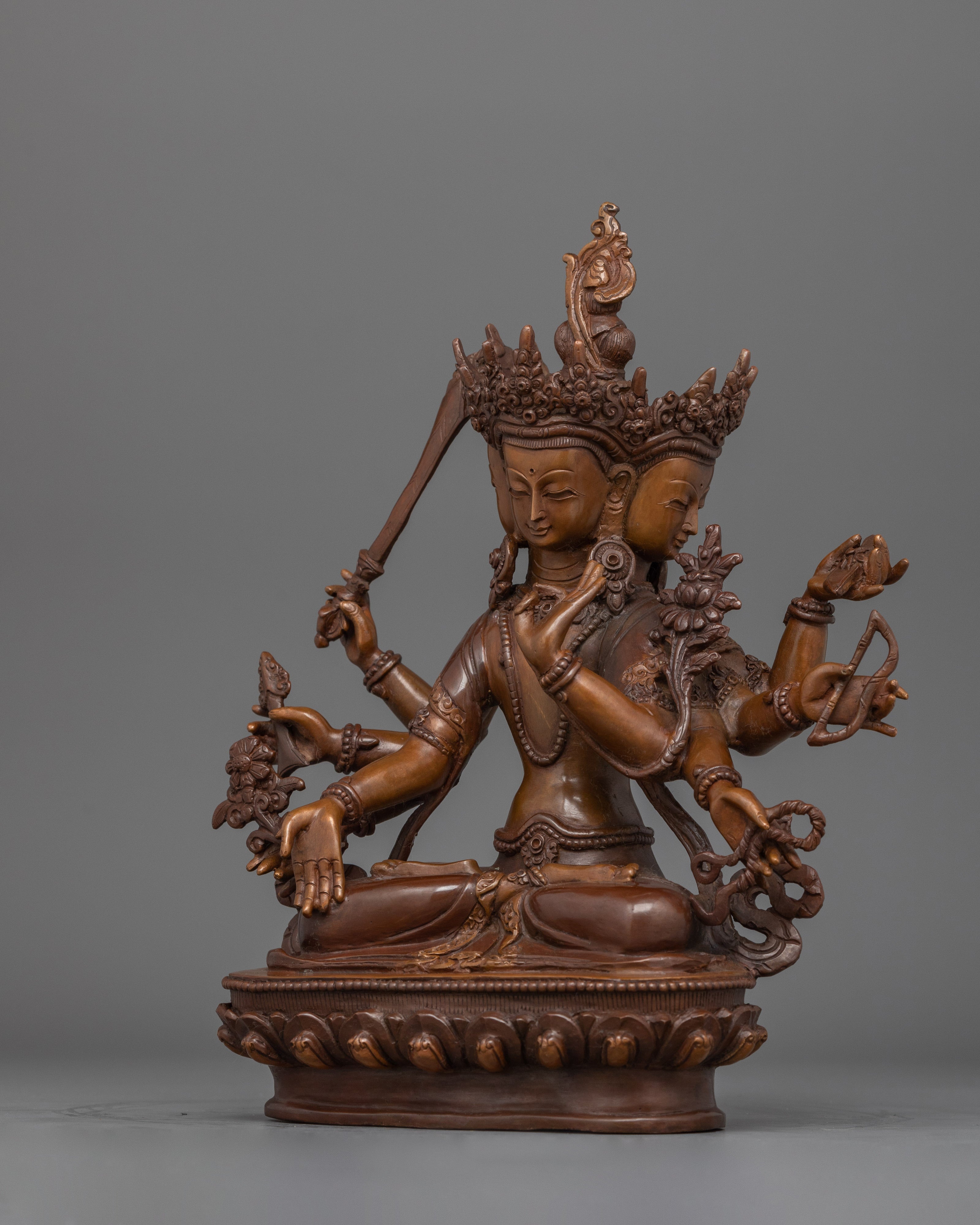 Traditional Tri- Faced Maha Manjushri Sculpture | Religious Himalayan Zen Artwork