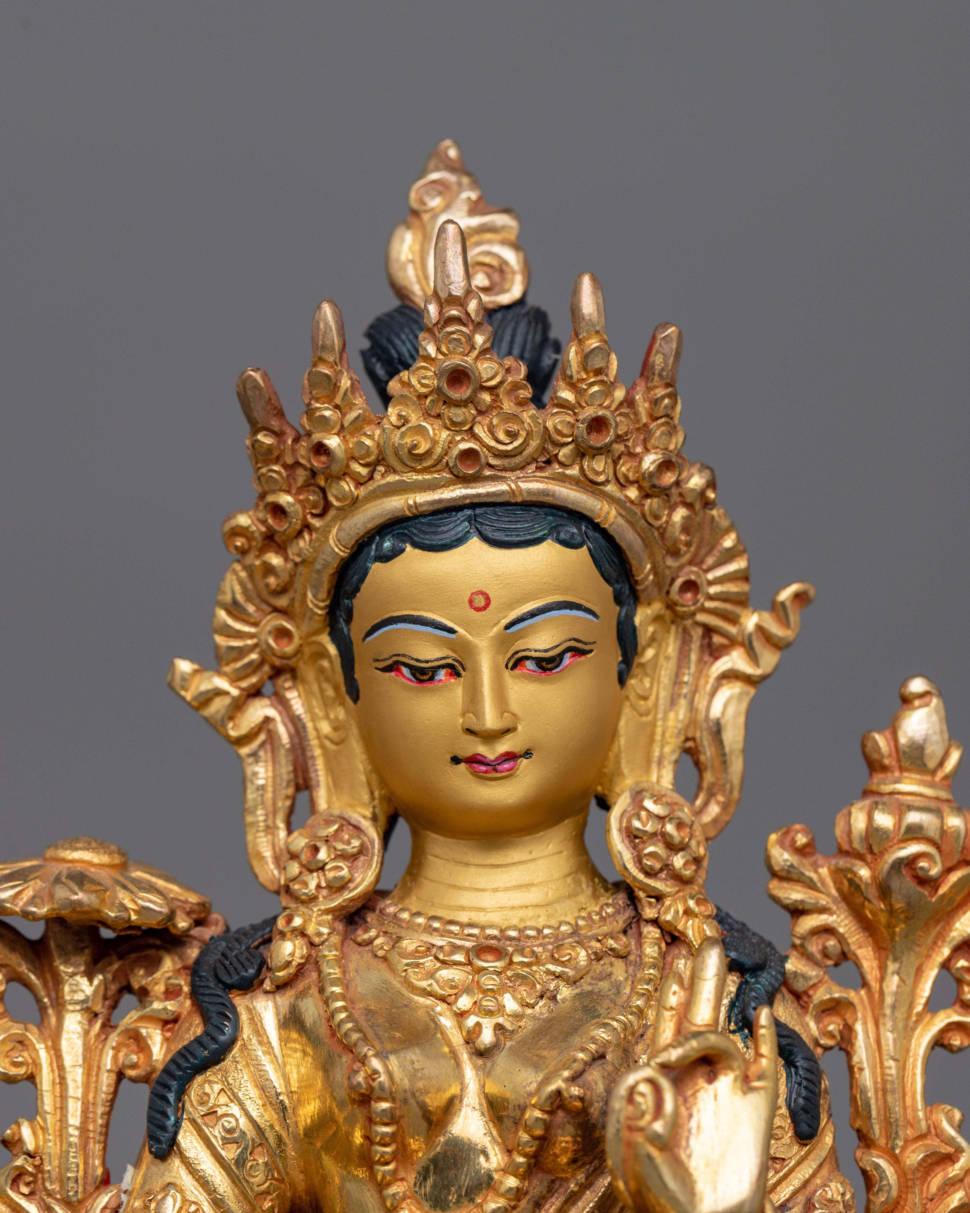 24K Gold Gilded Green Tara Sculpture for Altar | Compassionate Deity Art