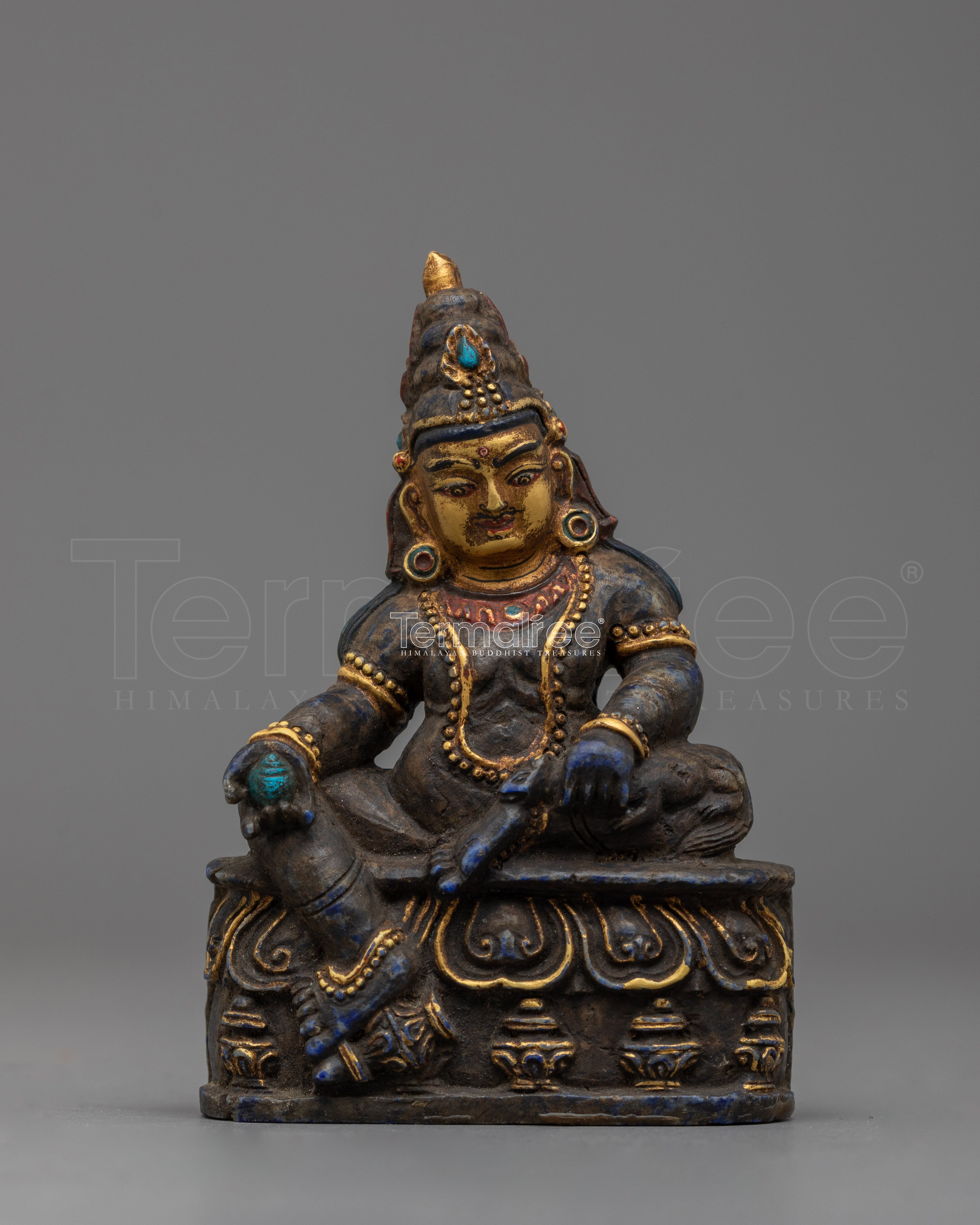 Dzambhala Lapis Statue for Shrine | Prosperity Buddha with Gold Face Paint