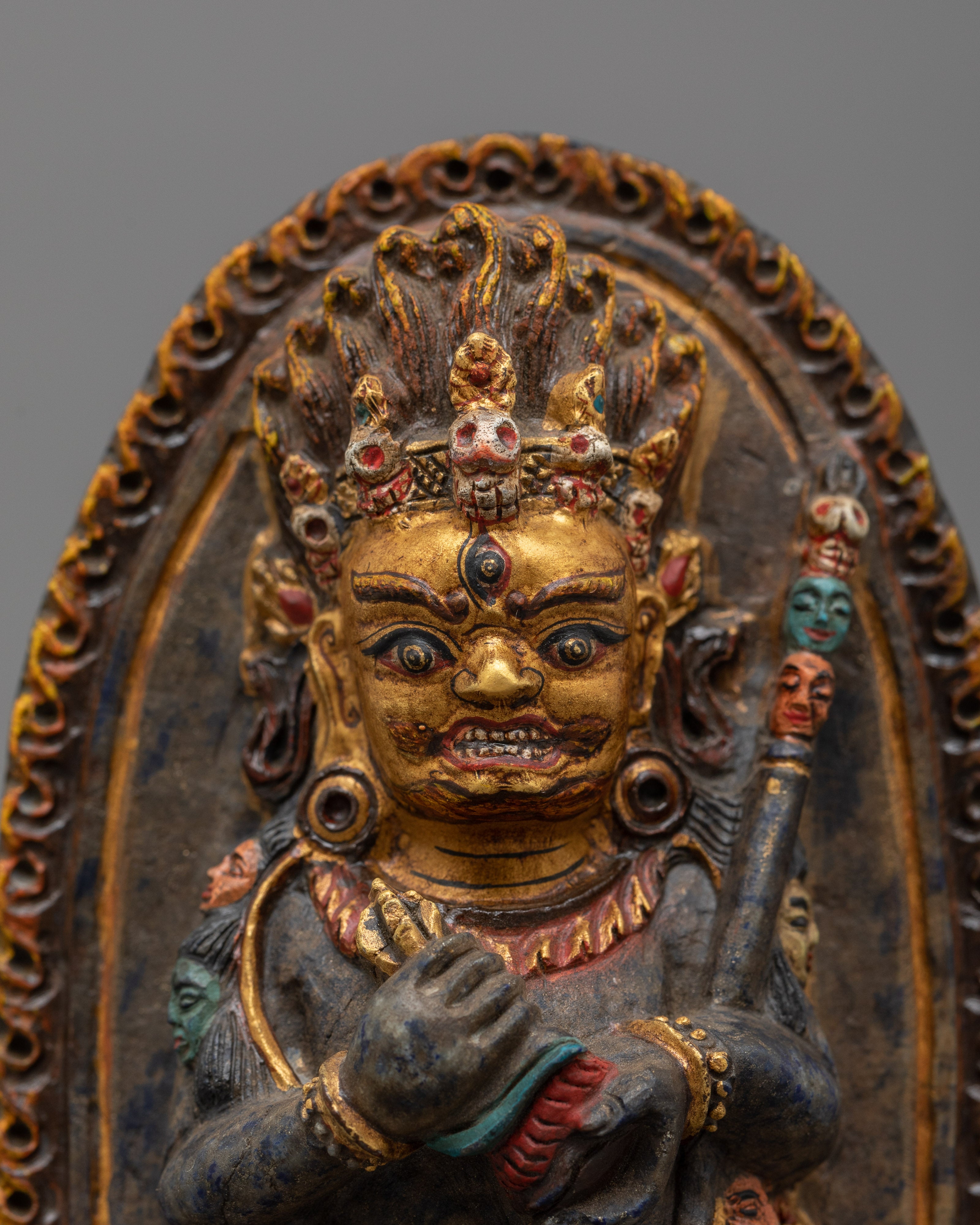 Antique Finished Shakya Mahakala Statue | Lapis Stone Body with Antique Finish