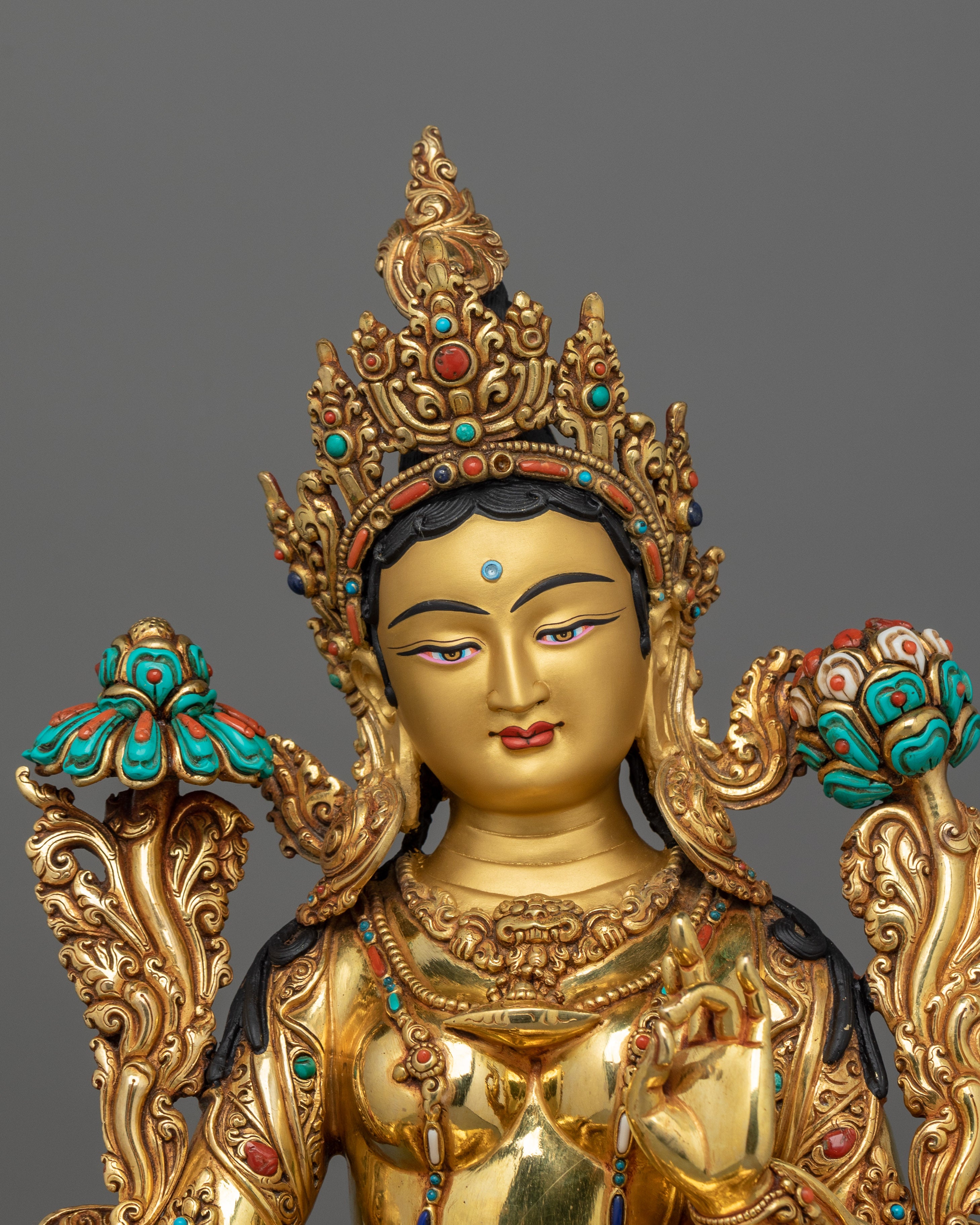 Green Tara Pure Land Bodhisattva Sculpture | Handcrafted Statue with Gemstones