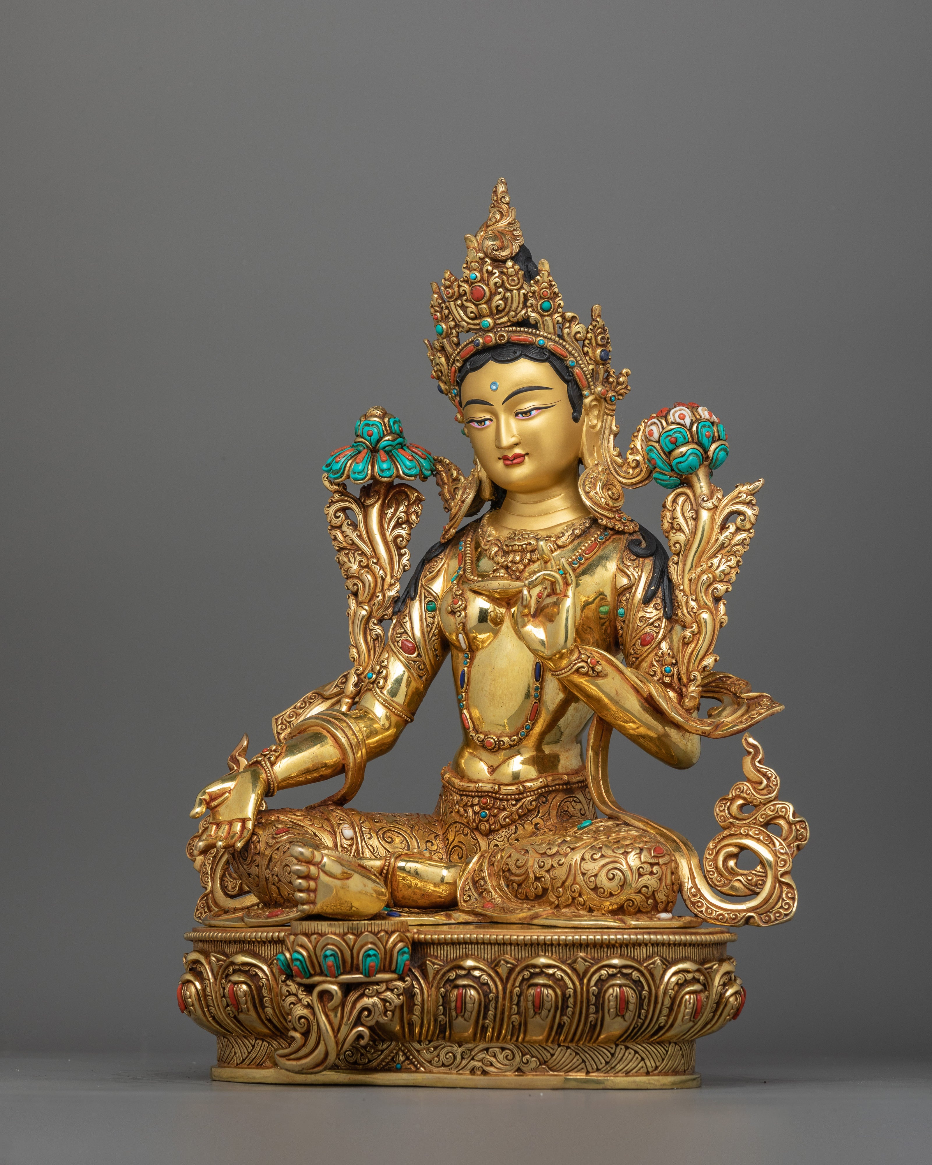 Green Tara Pure Land Bodhisattva Sculpture | Handcrafted Statue with Gemstones