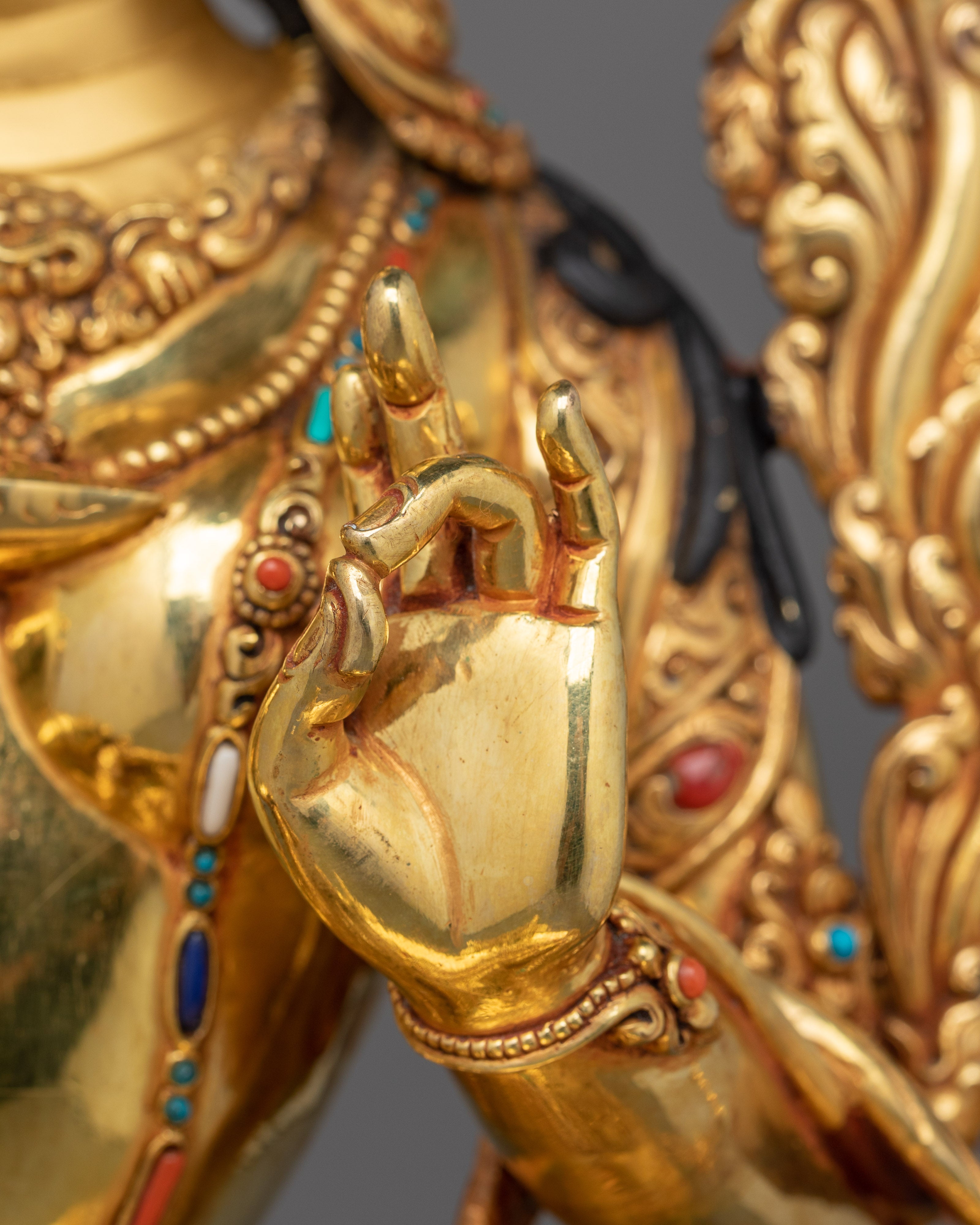 Green Tara Pure Land Bodhisattva Sculpture | Handcrafted Statue with Gemstones