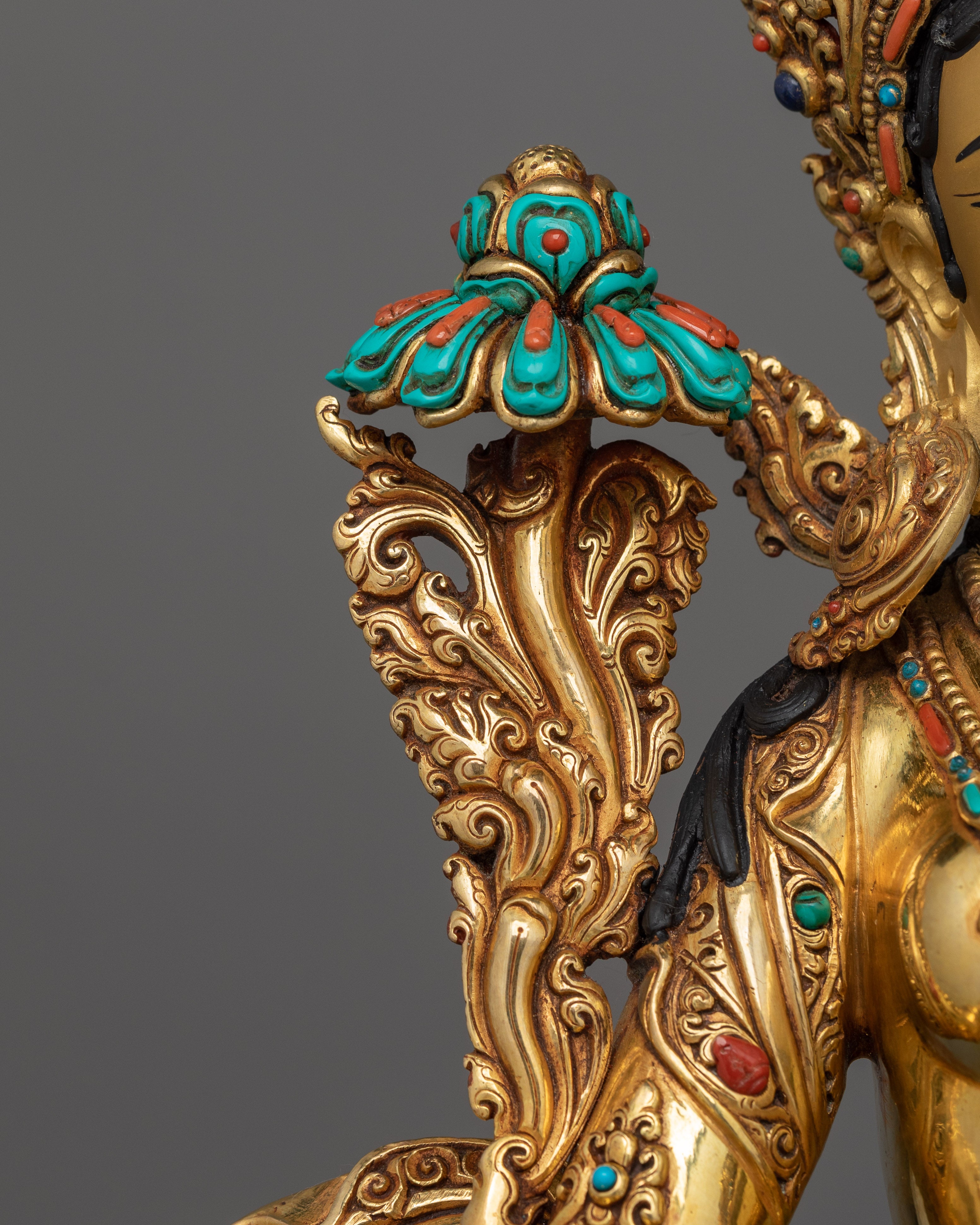 Green Tara Pure Land Bodhisattva Sculpture | Handcrafted Statue with Gemstones