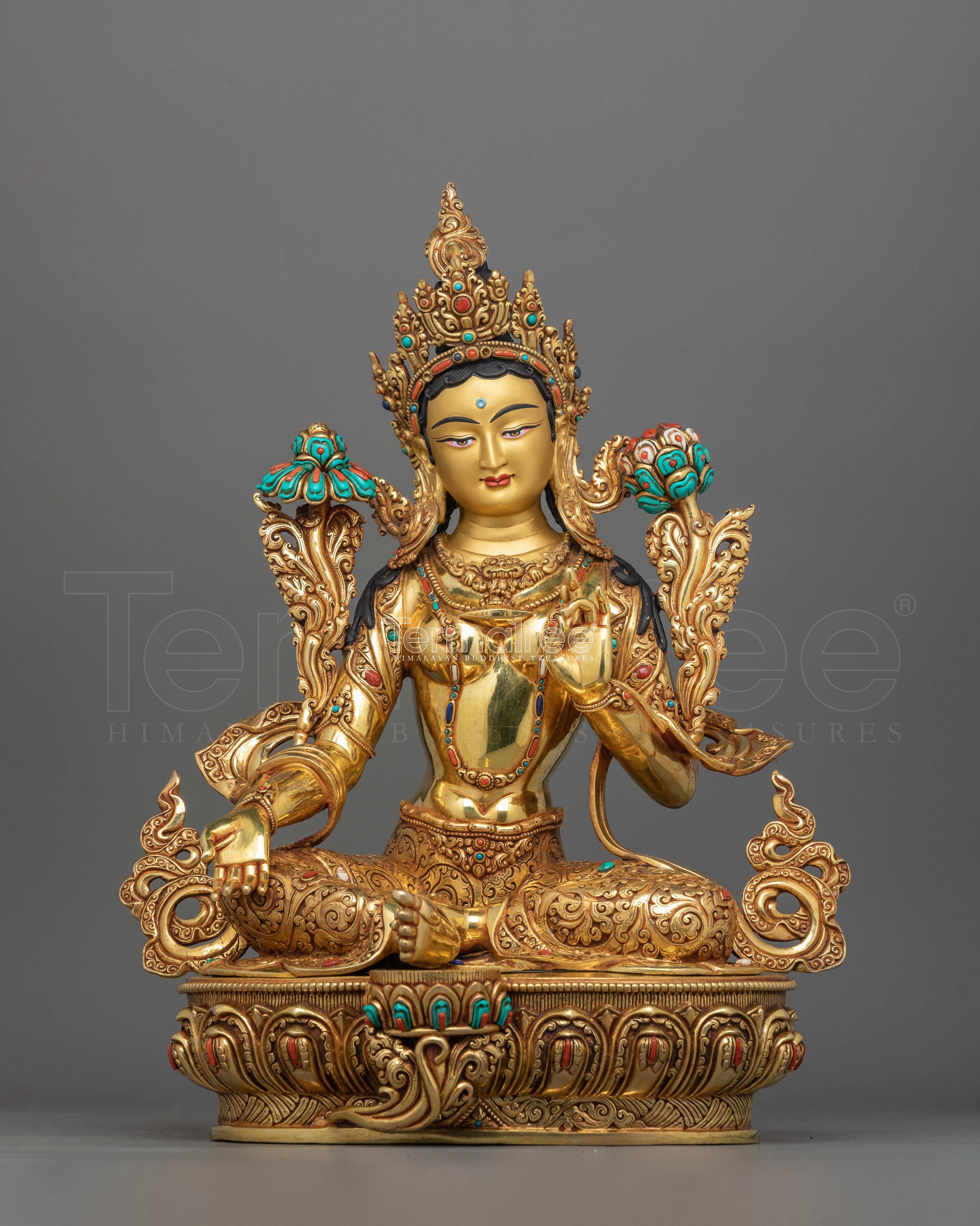 Green Tara Pure Land Bodhisattva Sculpture | Handcrafted Statue with Gemstones