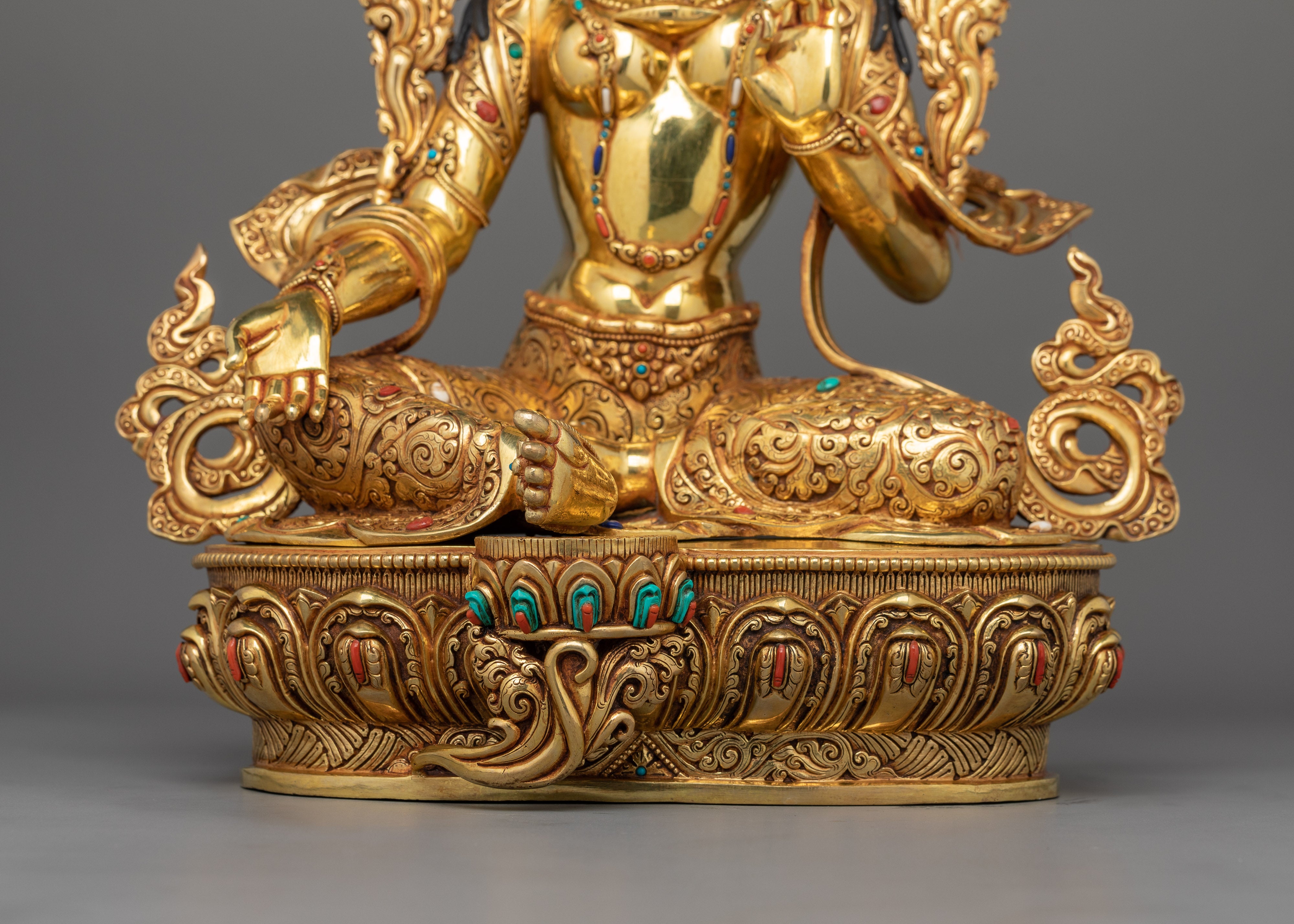 Green Tara Pure Land Bodhisattva Sculpture | Handcrafted Statue with Gemstones