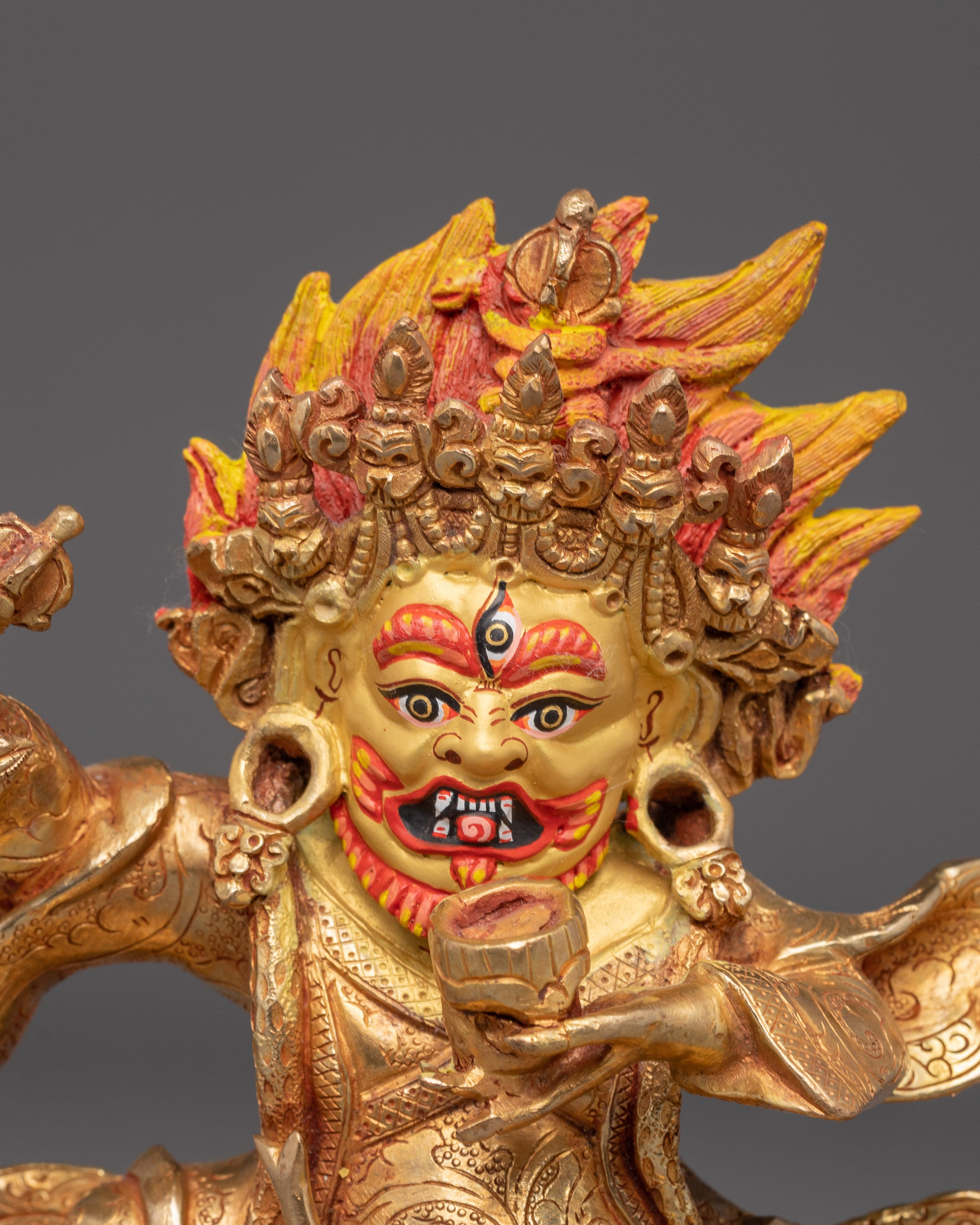 Handmade Buddhist Deity Mahakala Bernagchen Art | 24k Gold Gilded Sculpture