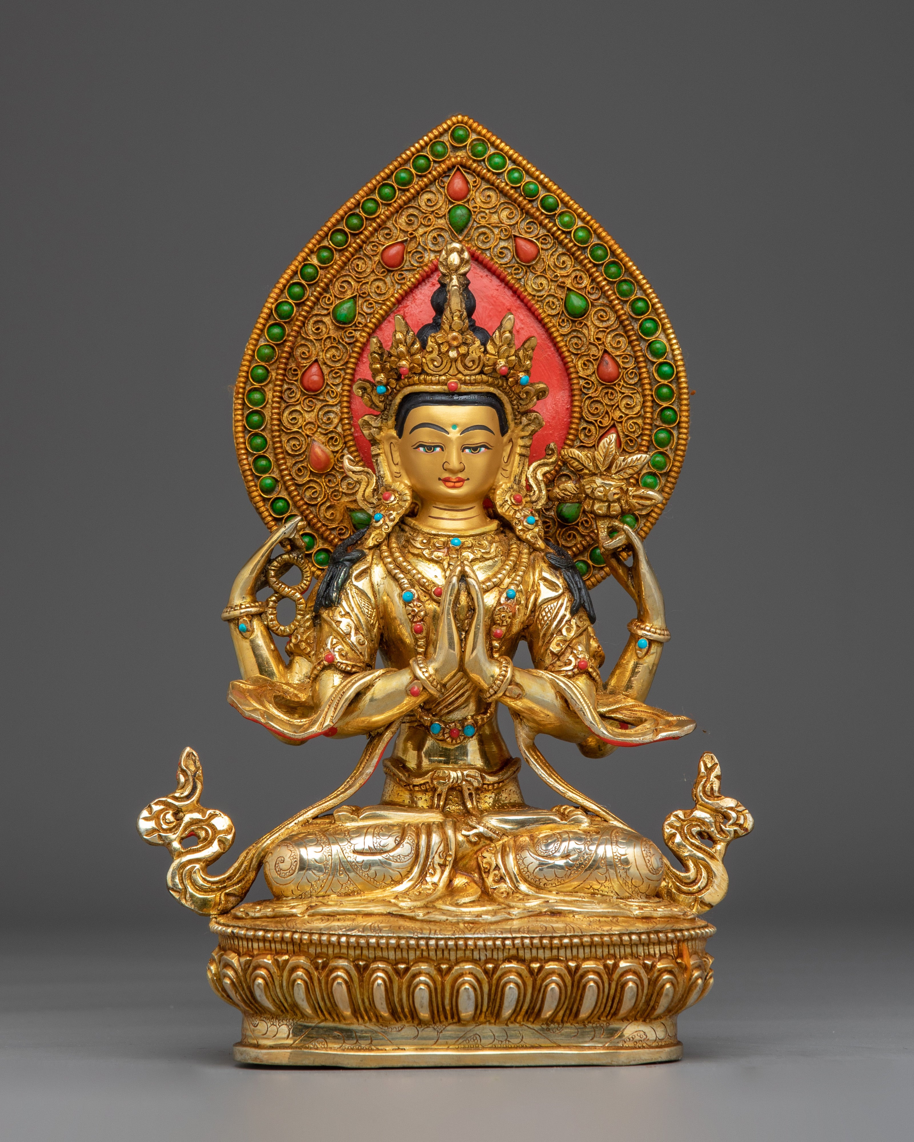 Chenrezig 24K Gold Gilded with Gemstones Statue
