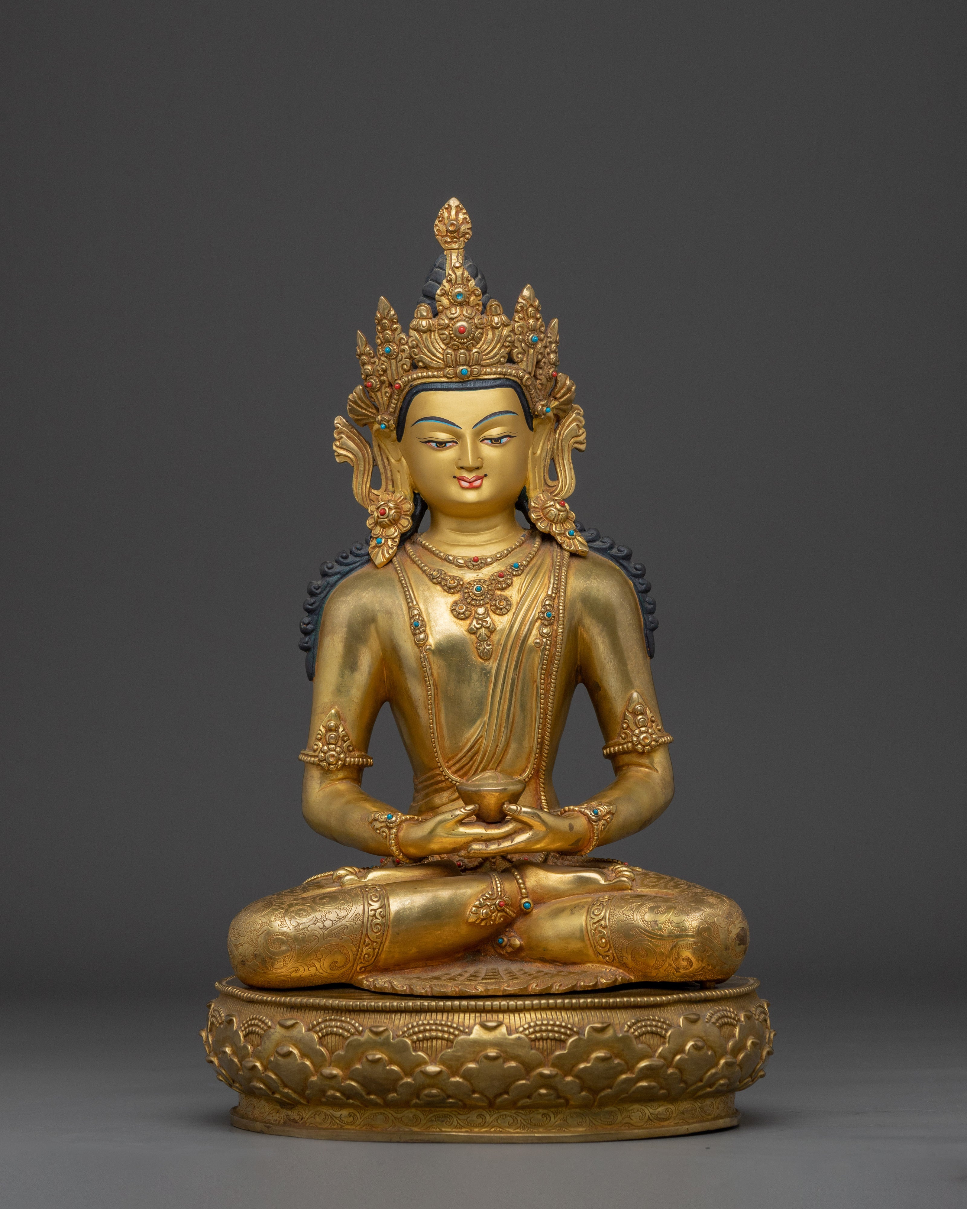 Tibetan Gold Gilded Crown Amitabha Buddha Statue