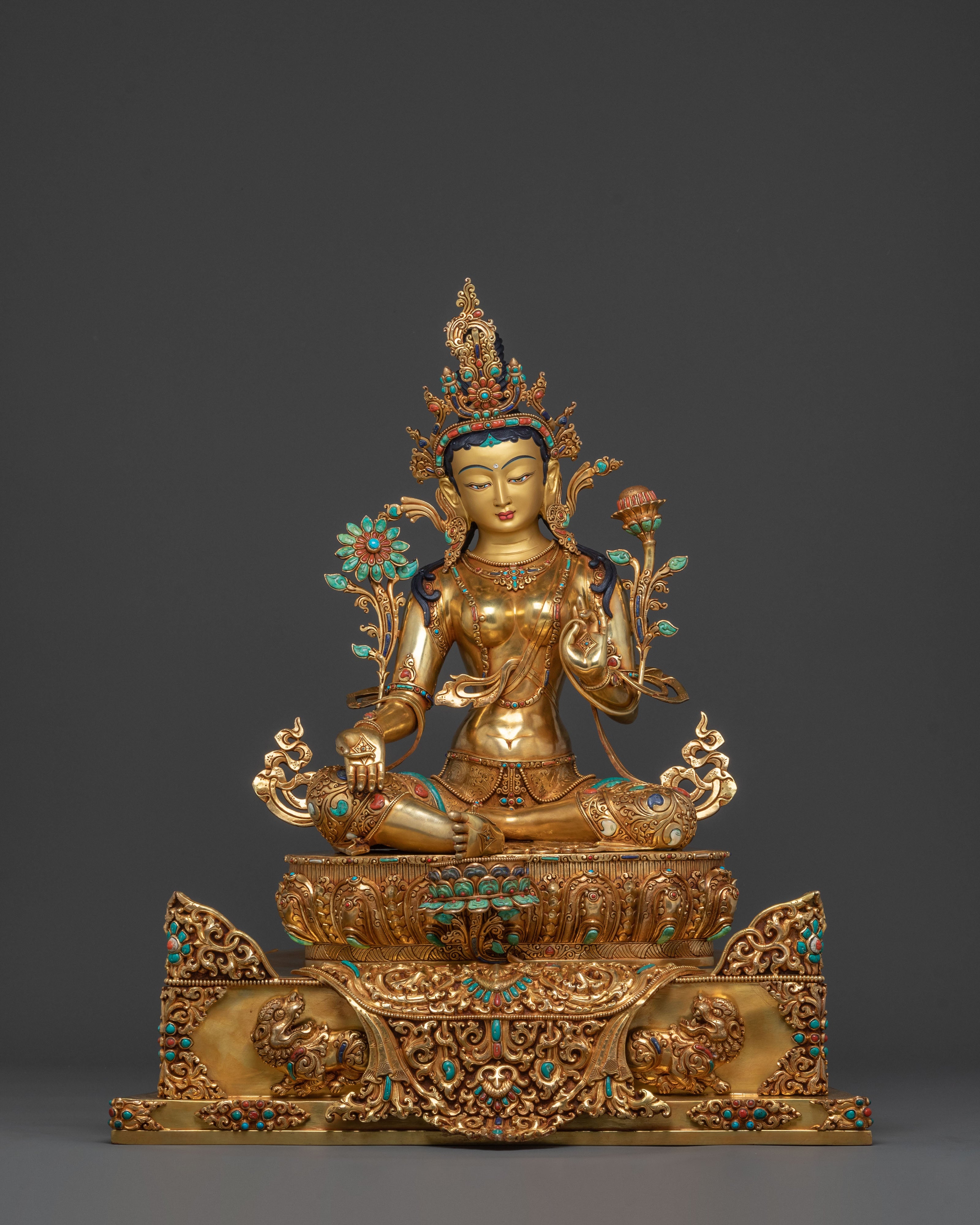 Majestic Green Tara Statue with Throne: 24K Gold Gilded