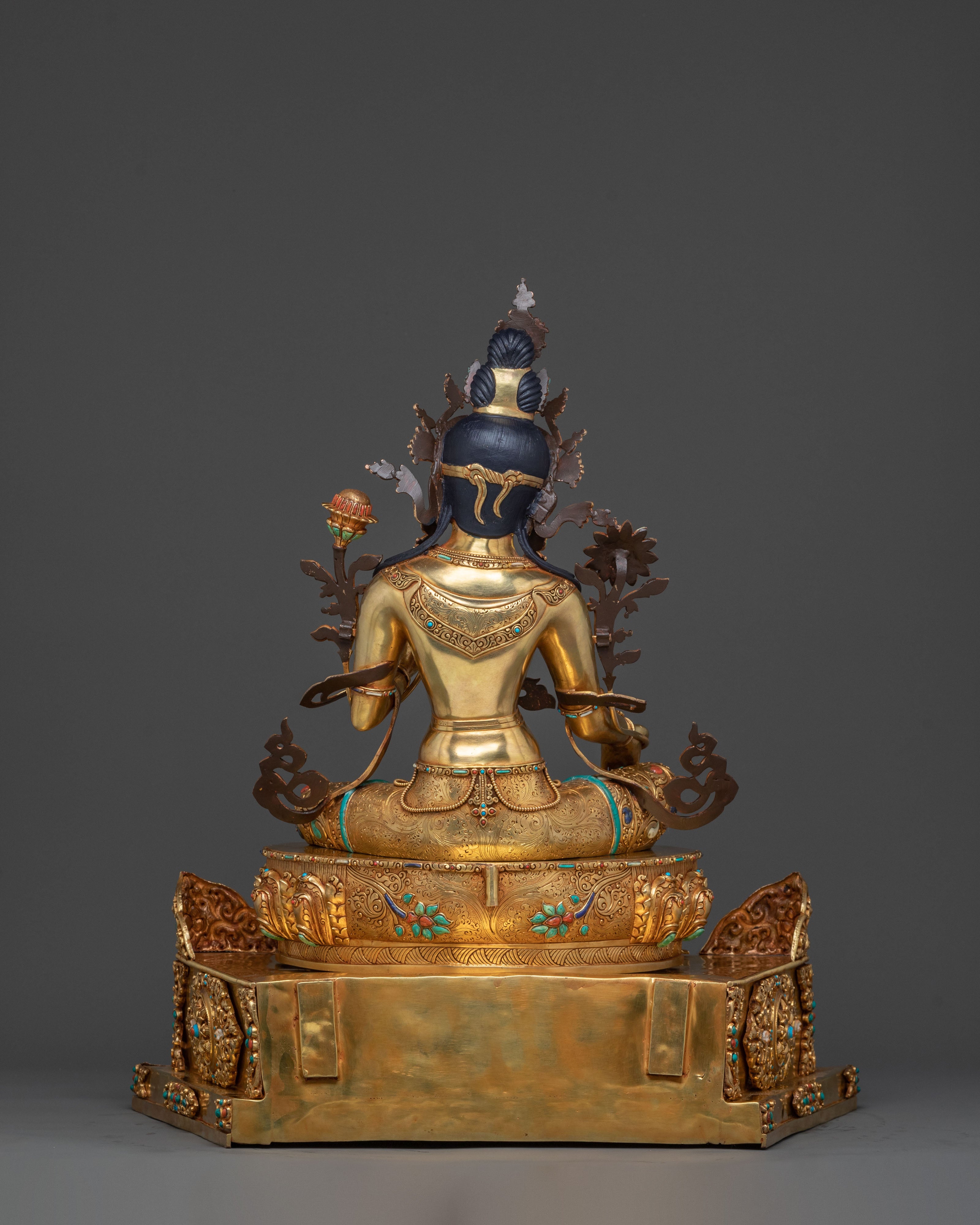 Majestic Green Tara Statue with Throne: 24K Gold Gilded