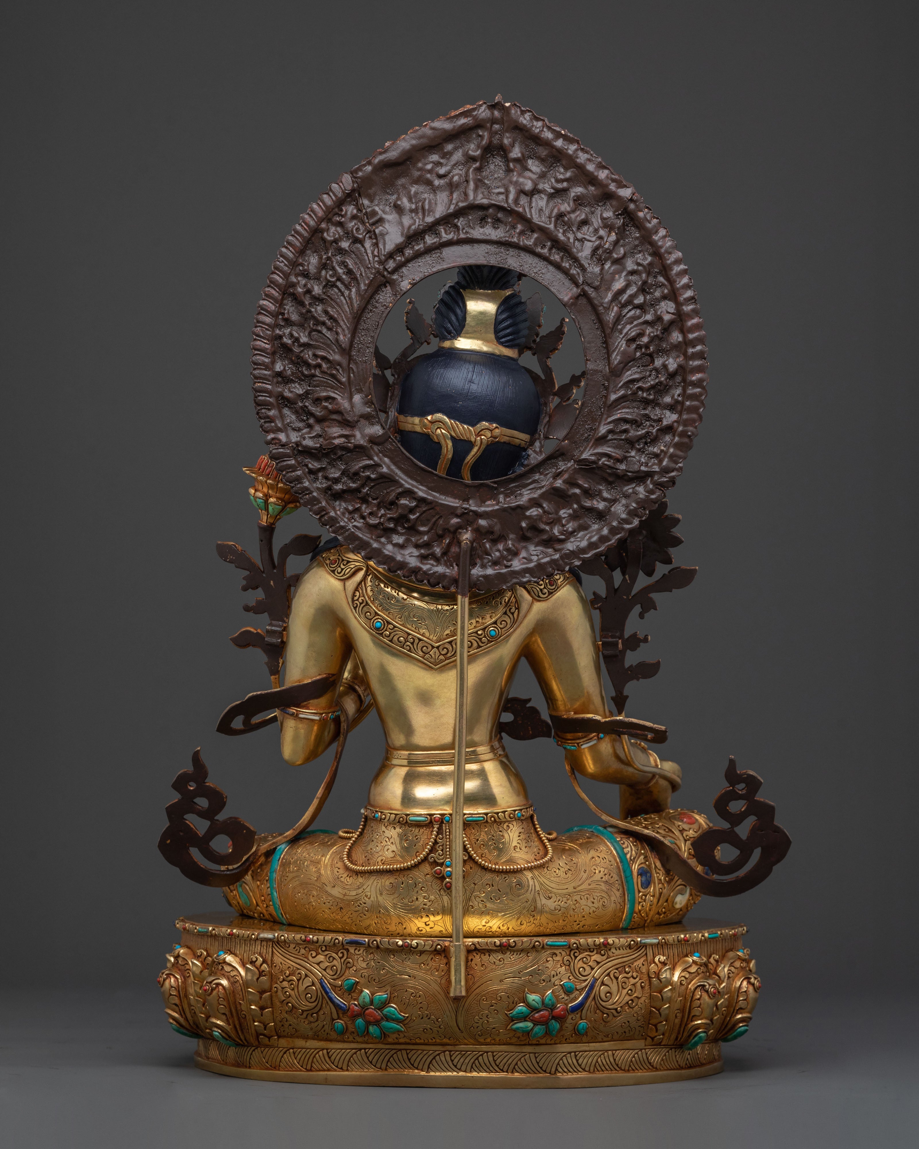 Majestic Green Tara Statue with Throne: 24K Gold Gilded