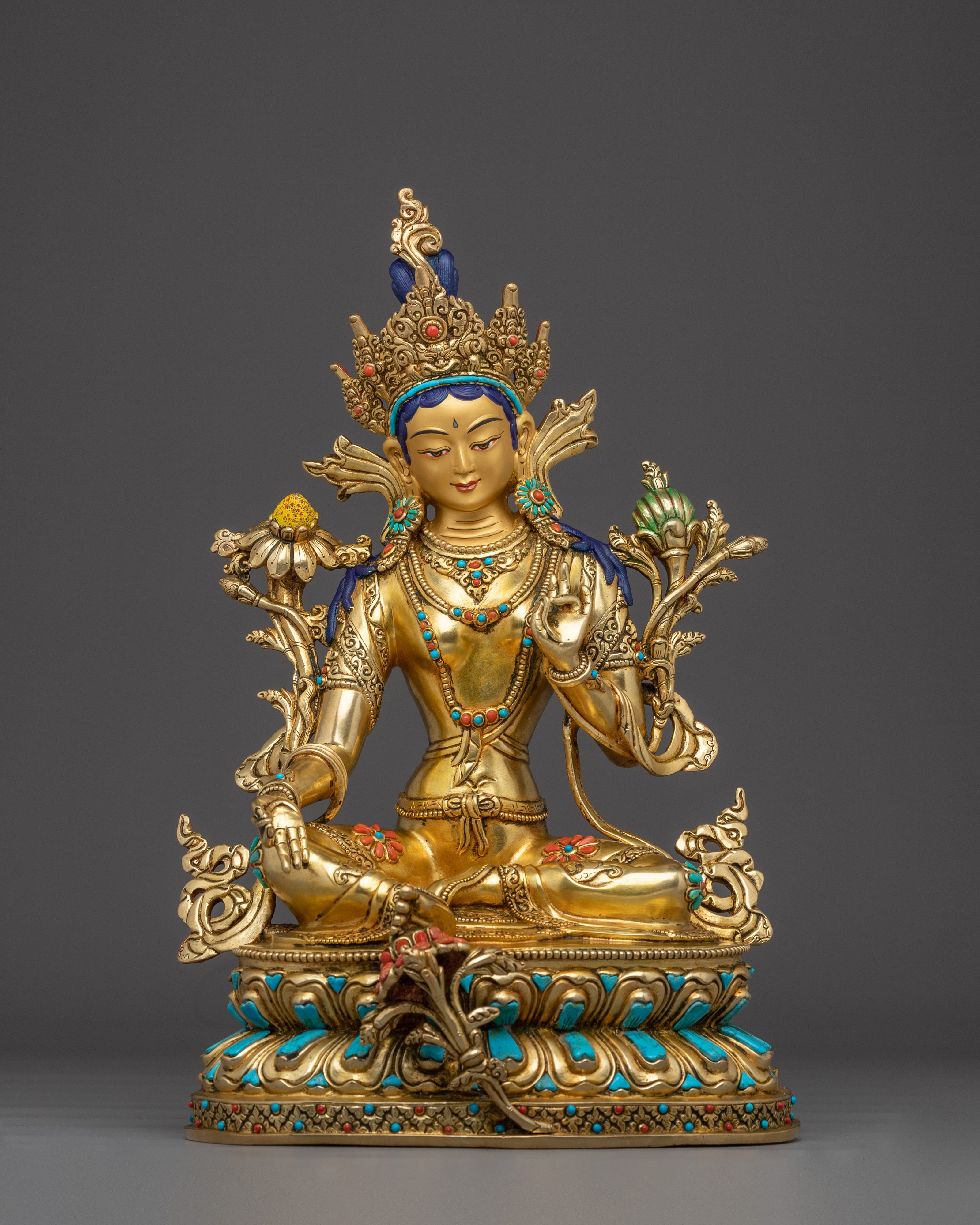 Green Tara Copper Sculpture with Gemstone Inlays
