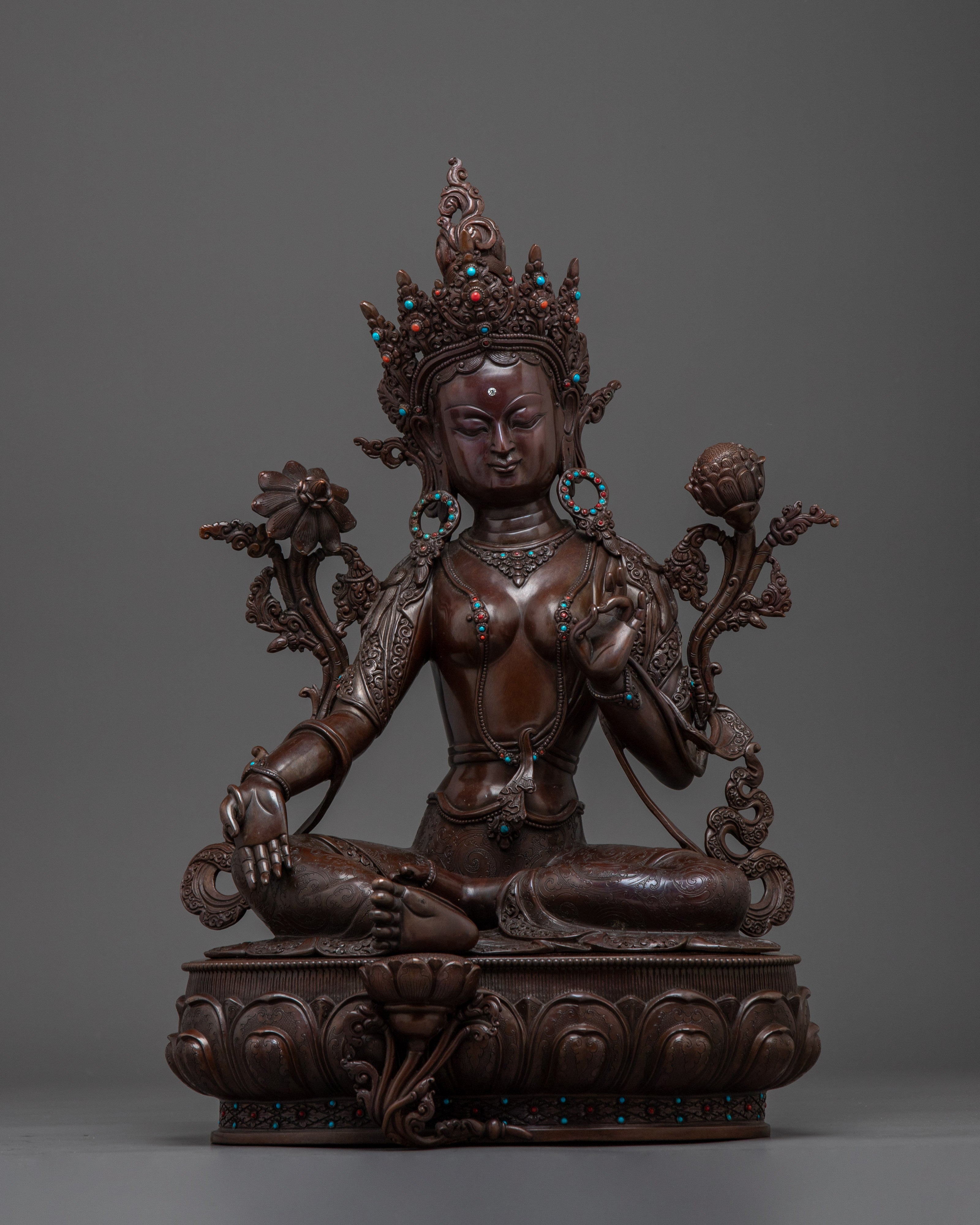 Green Tara Copper Statue with Gemstones