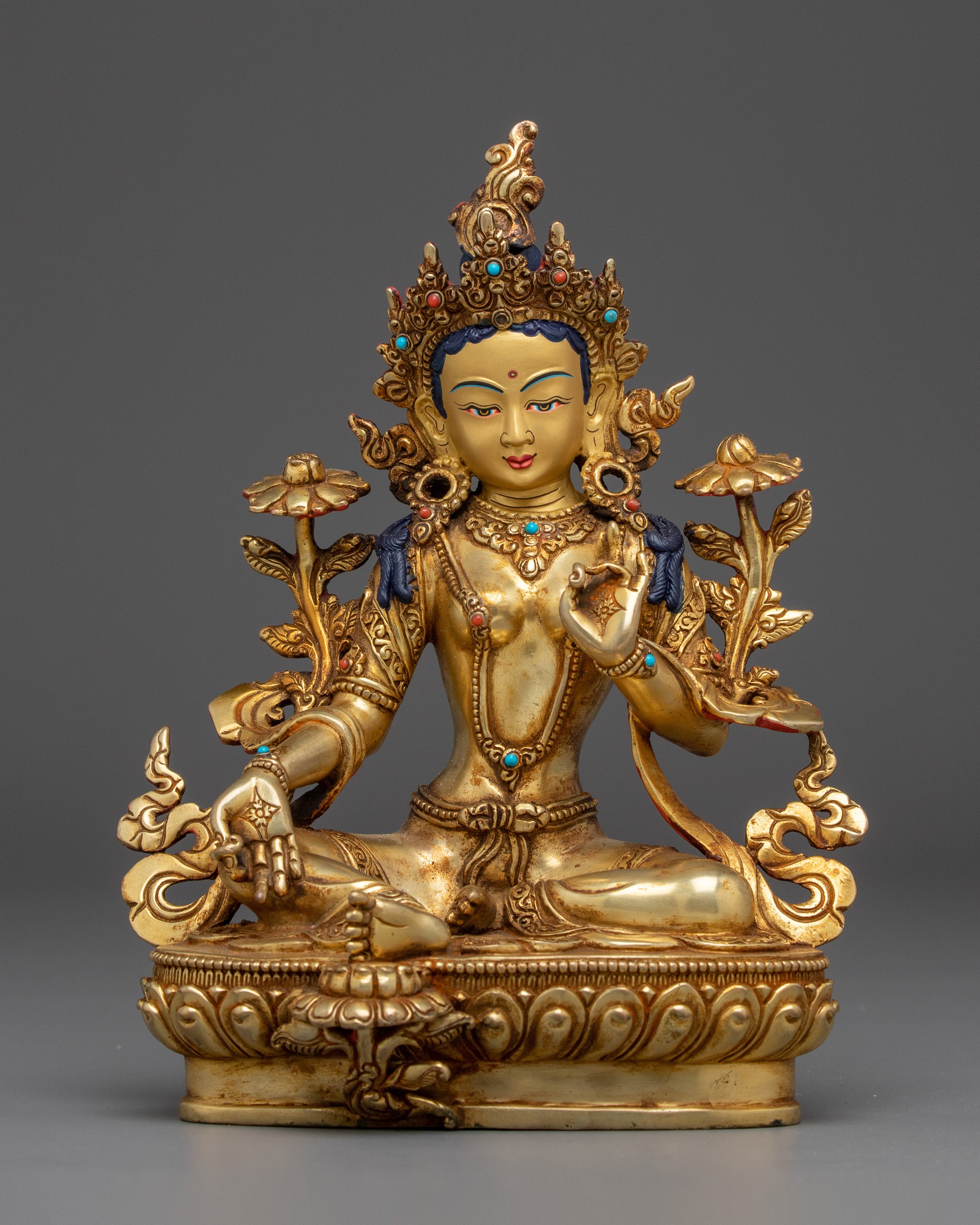 24K Gold Gilded Copper Green Tara Statue