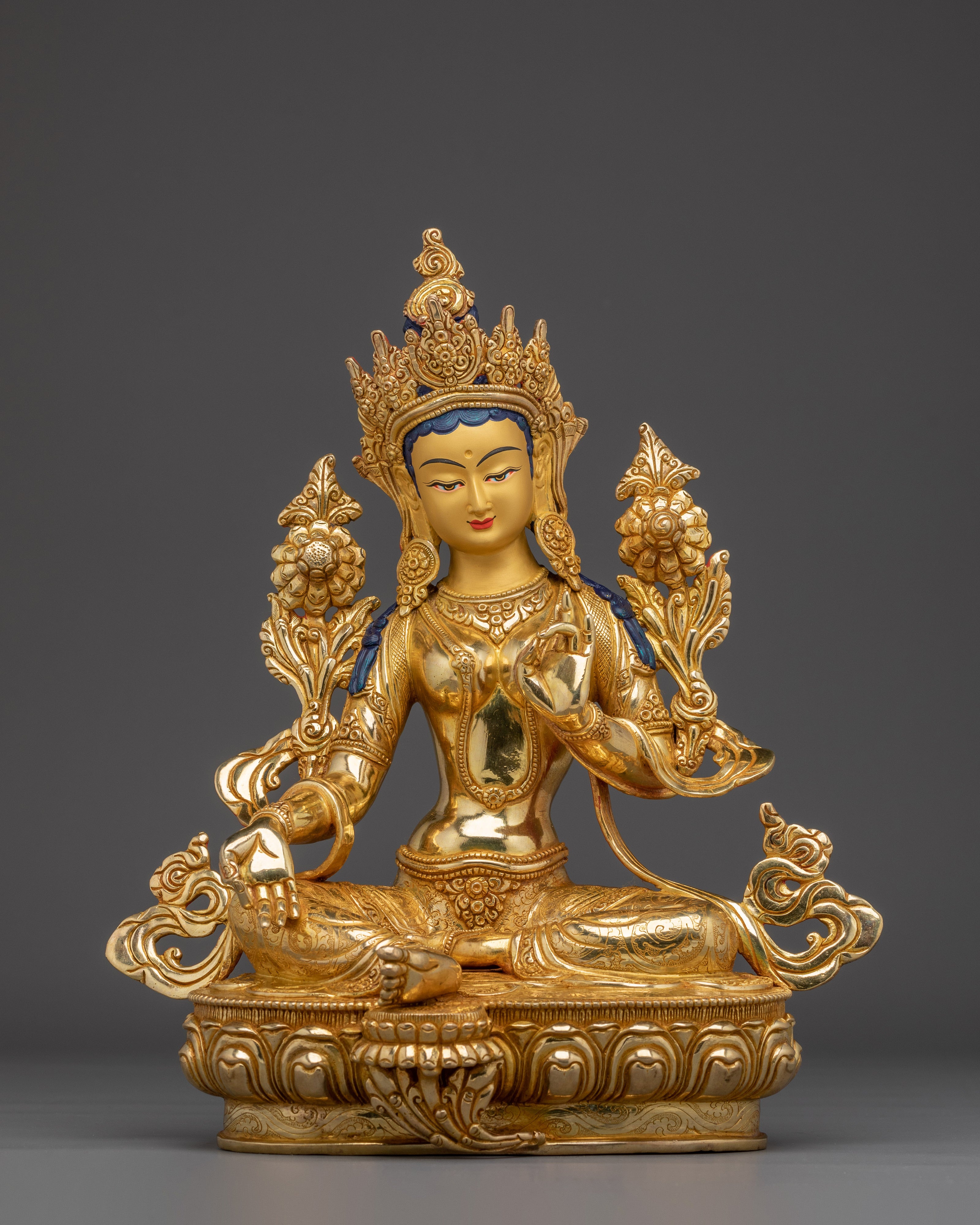 Green Tara 24K Gold Gilded Copper Statue