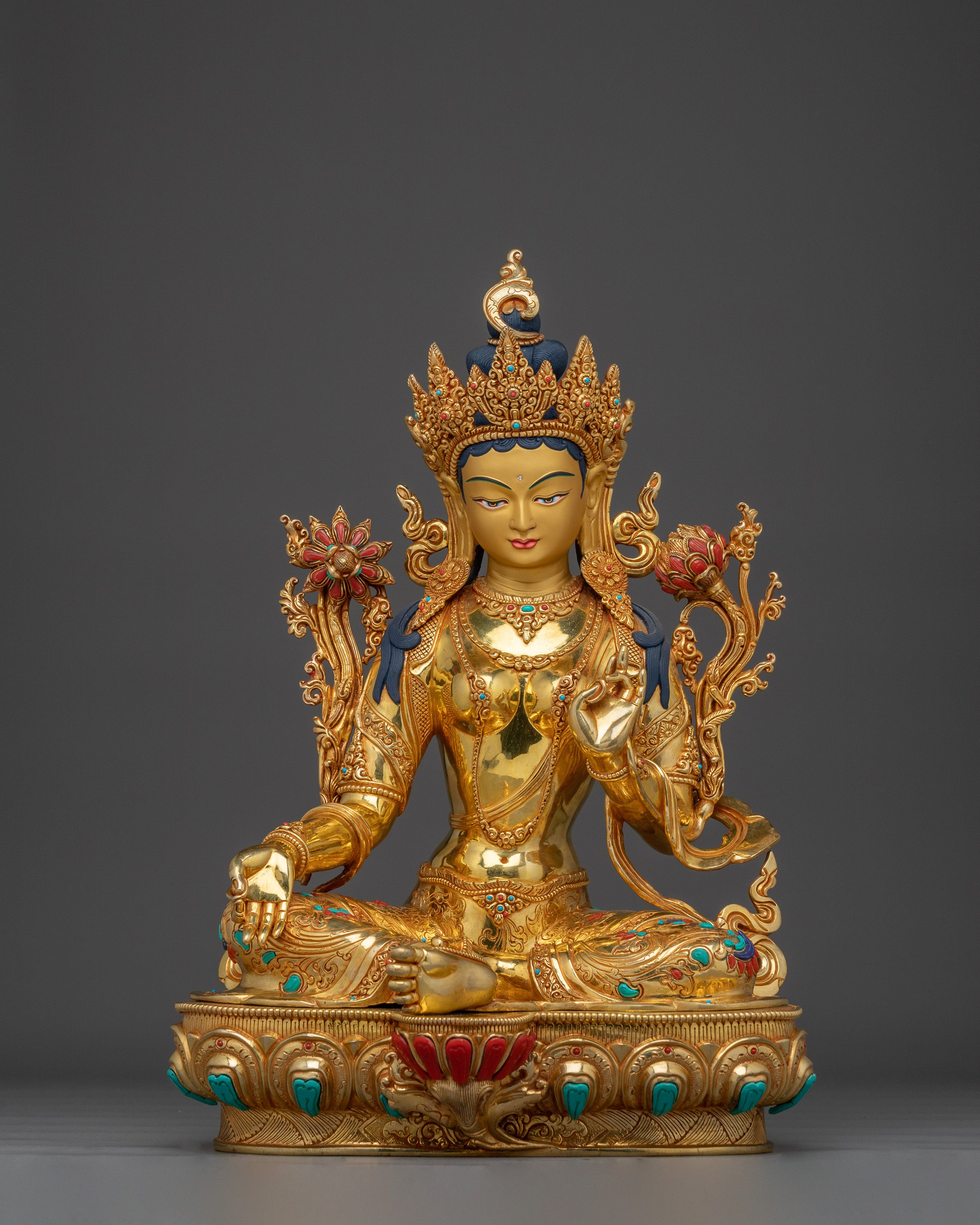 Green Tara Statue in 24K Gold Gilded Copper