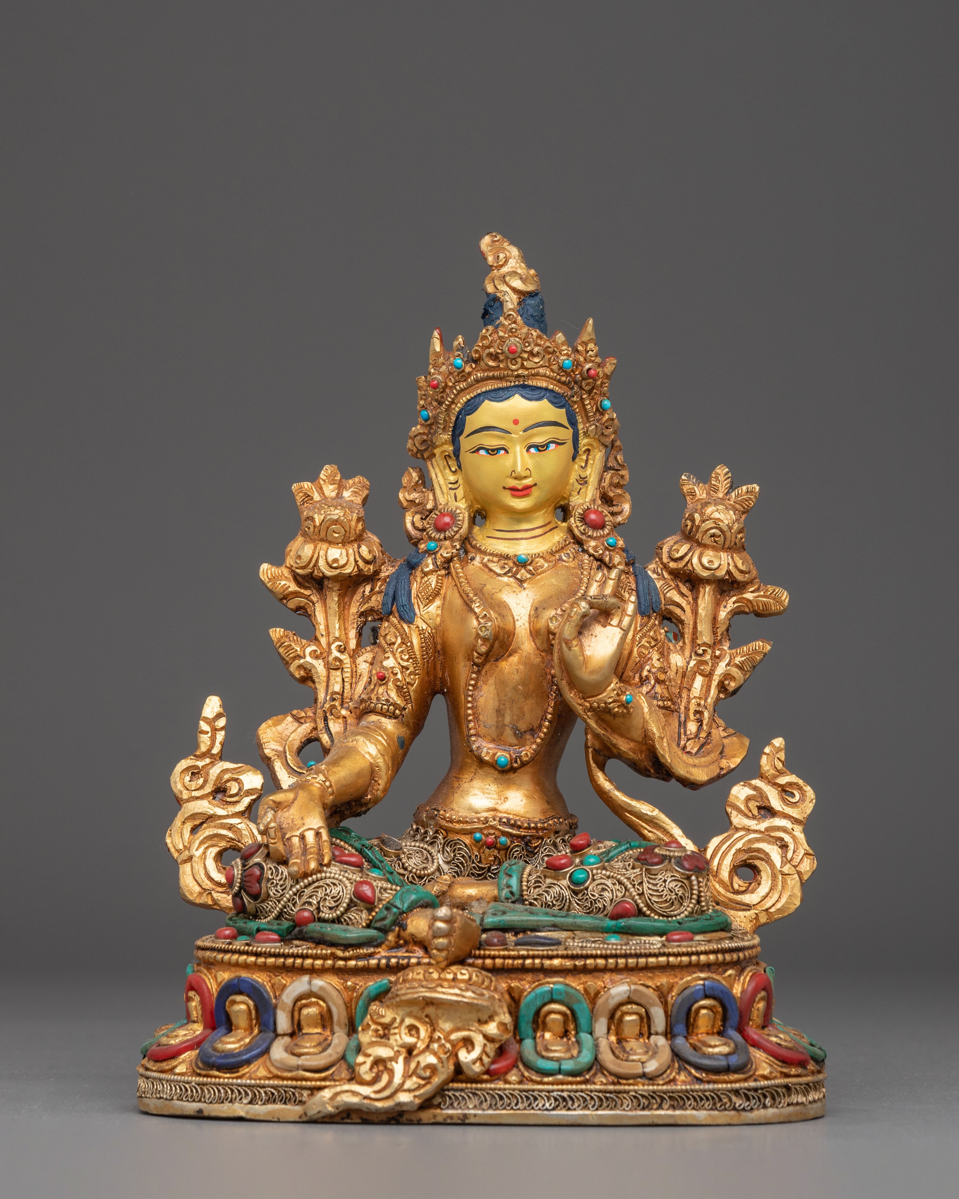 Golden Green Tara Statue: Nepali Handcrafted Artwork