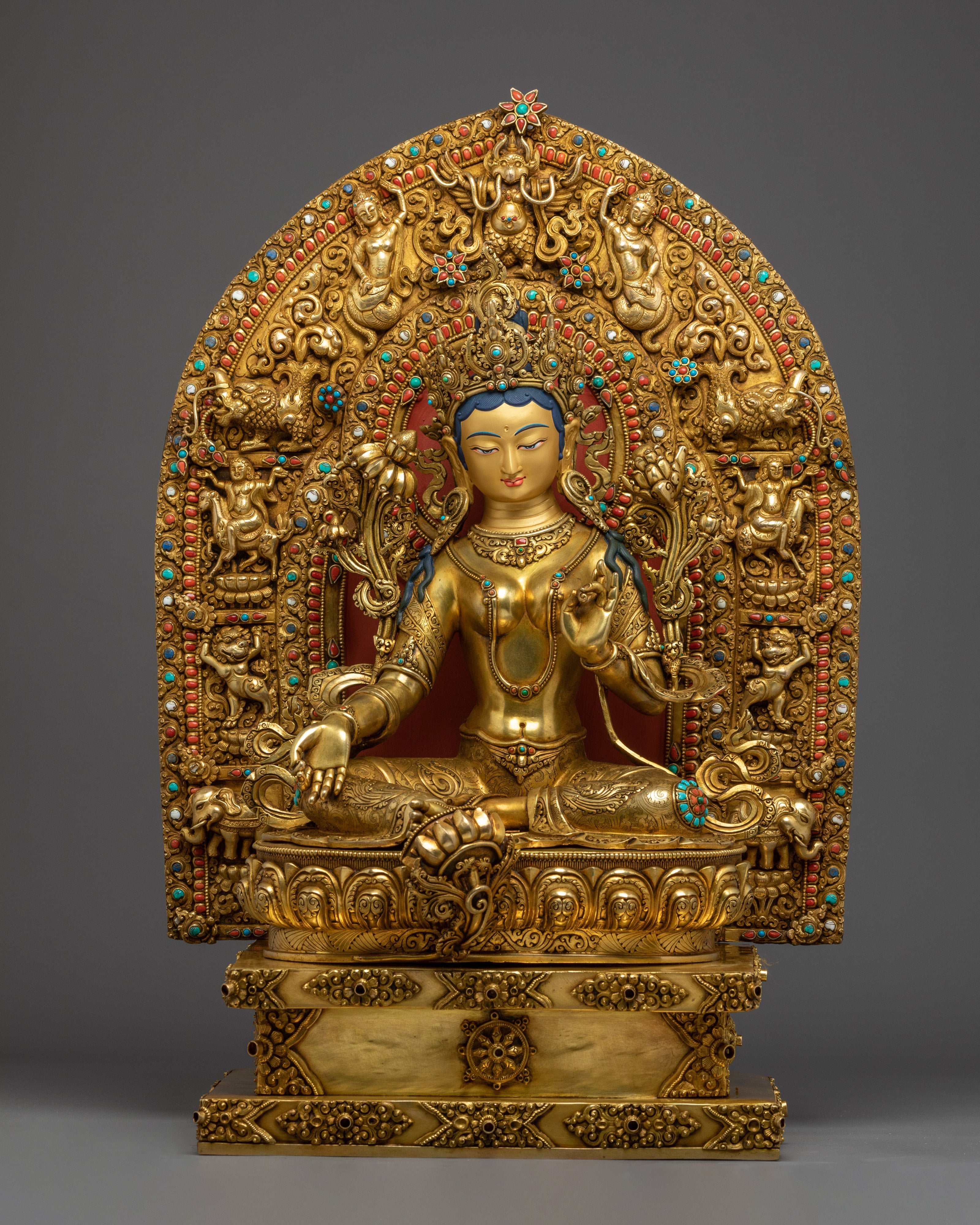 Statue of Green Tara on Throne