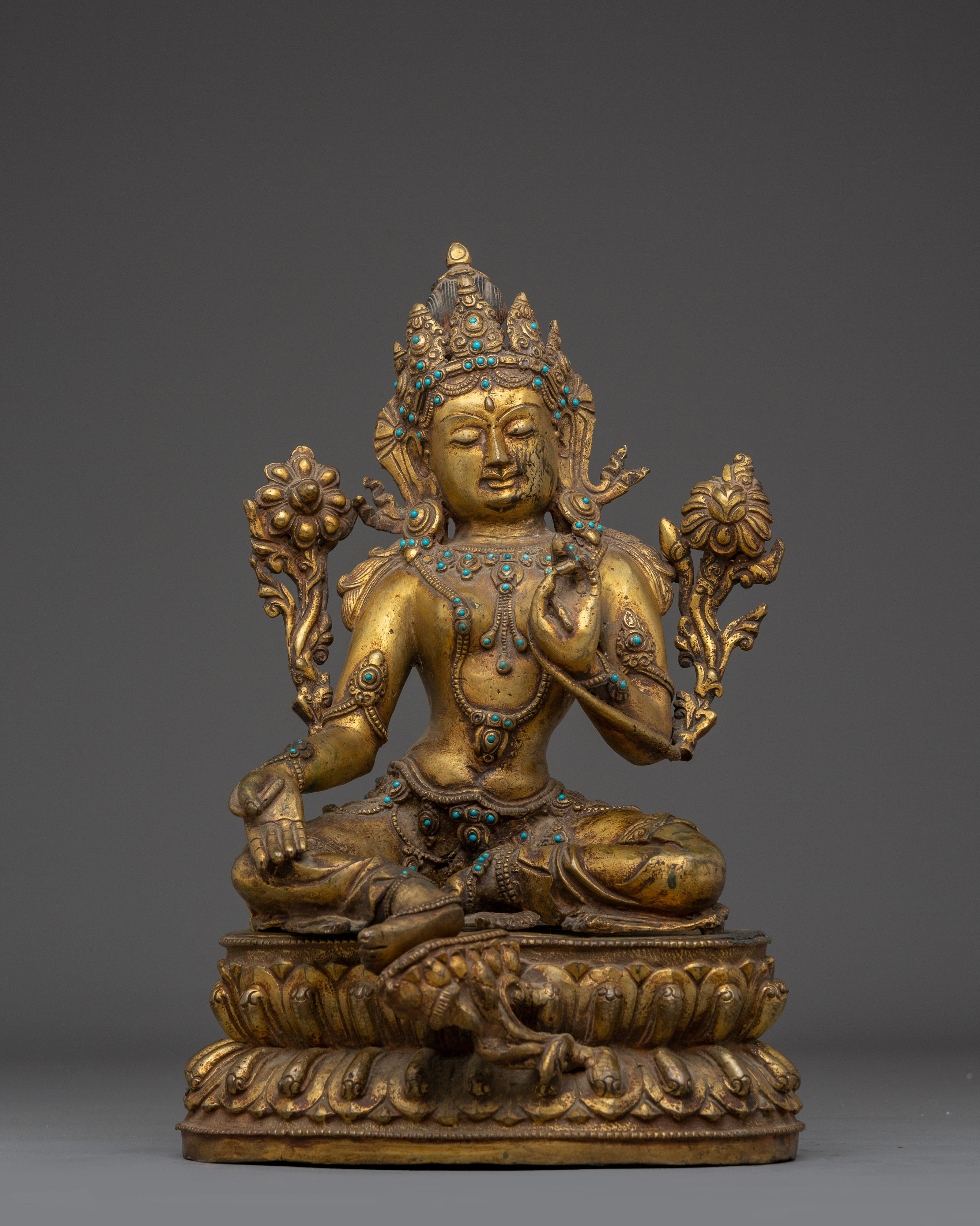 Green Tara Copper Statue with Gemstone Inlays