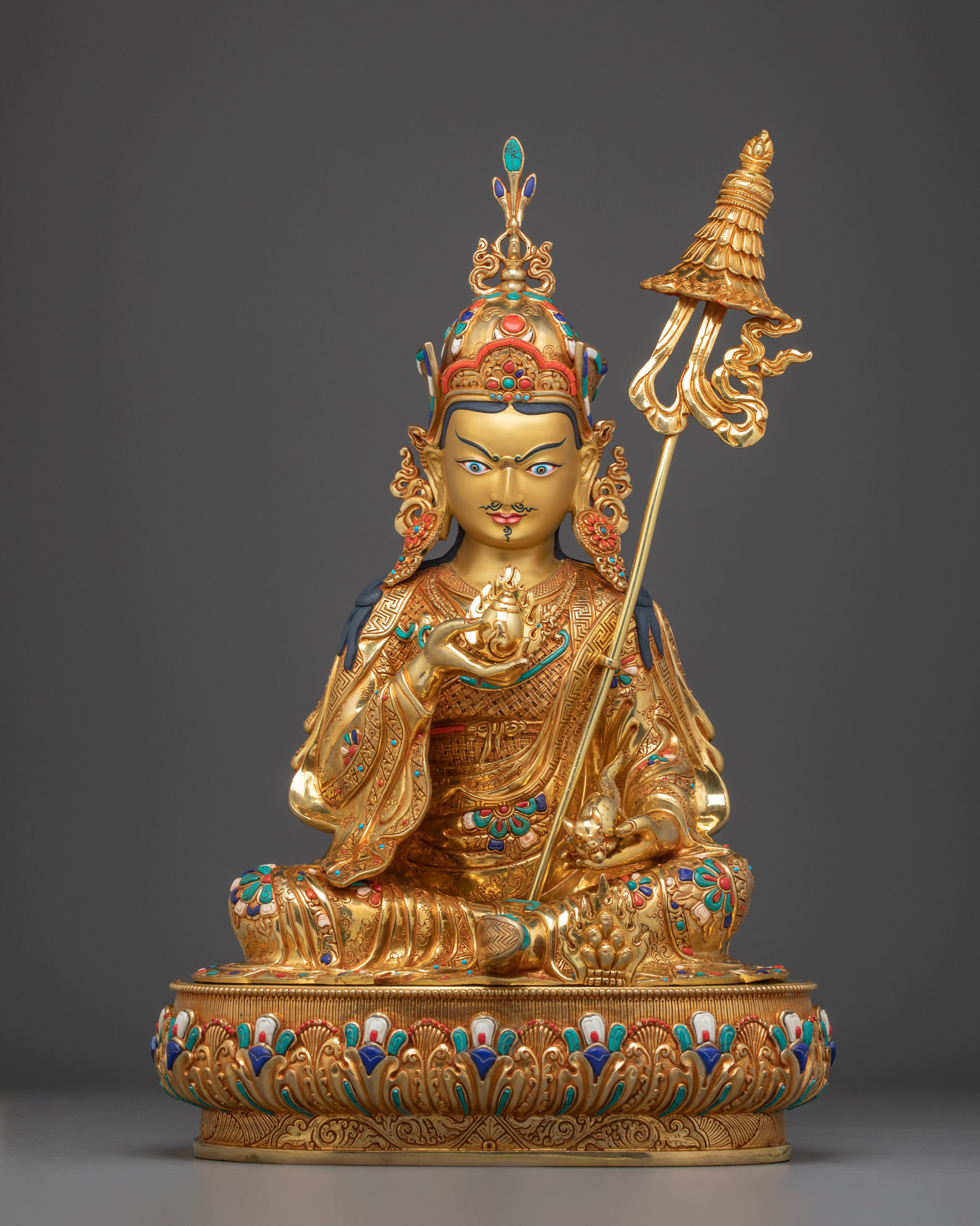 24K Gold Gilded Guru Rinpoche Statue with Gemstones